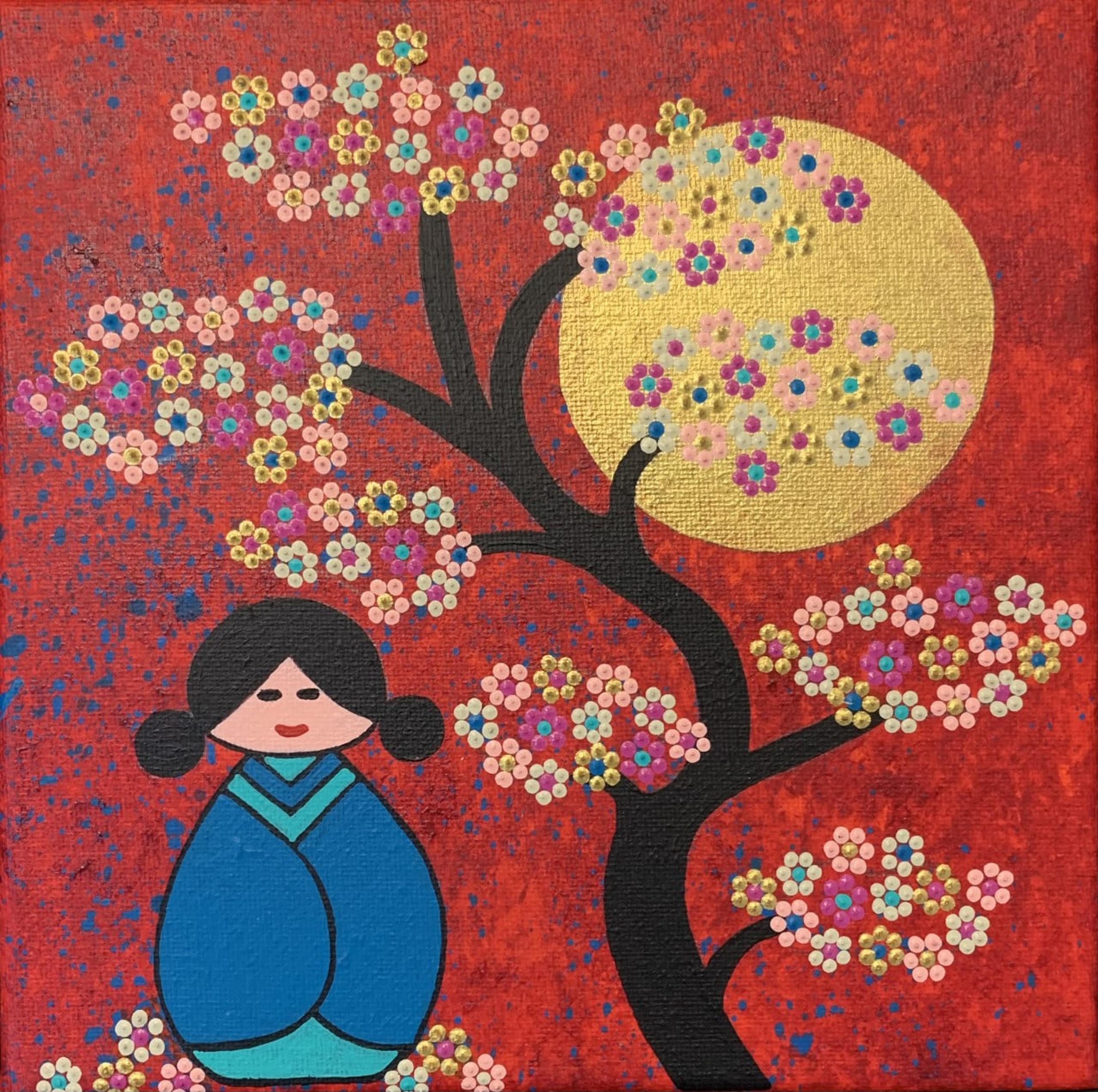 Œuvre originale "Poupée japonaise I" par Caroline Pons. Toile acrylique vive: fond rouge texturé, arbre noir aux fleurs en points pastel (roses, bleus, or), soleil doré et poupée bleue stylisée.