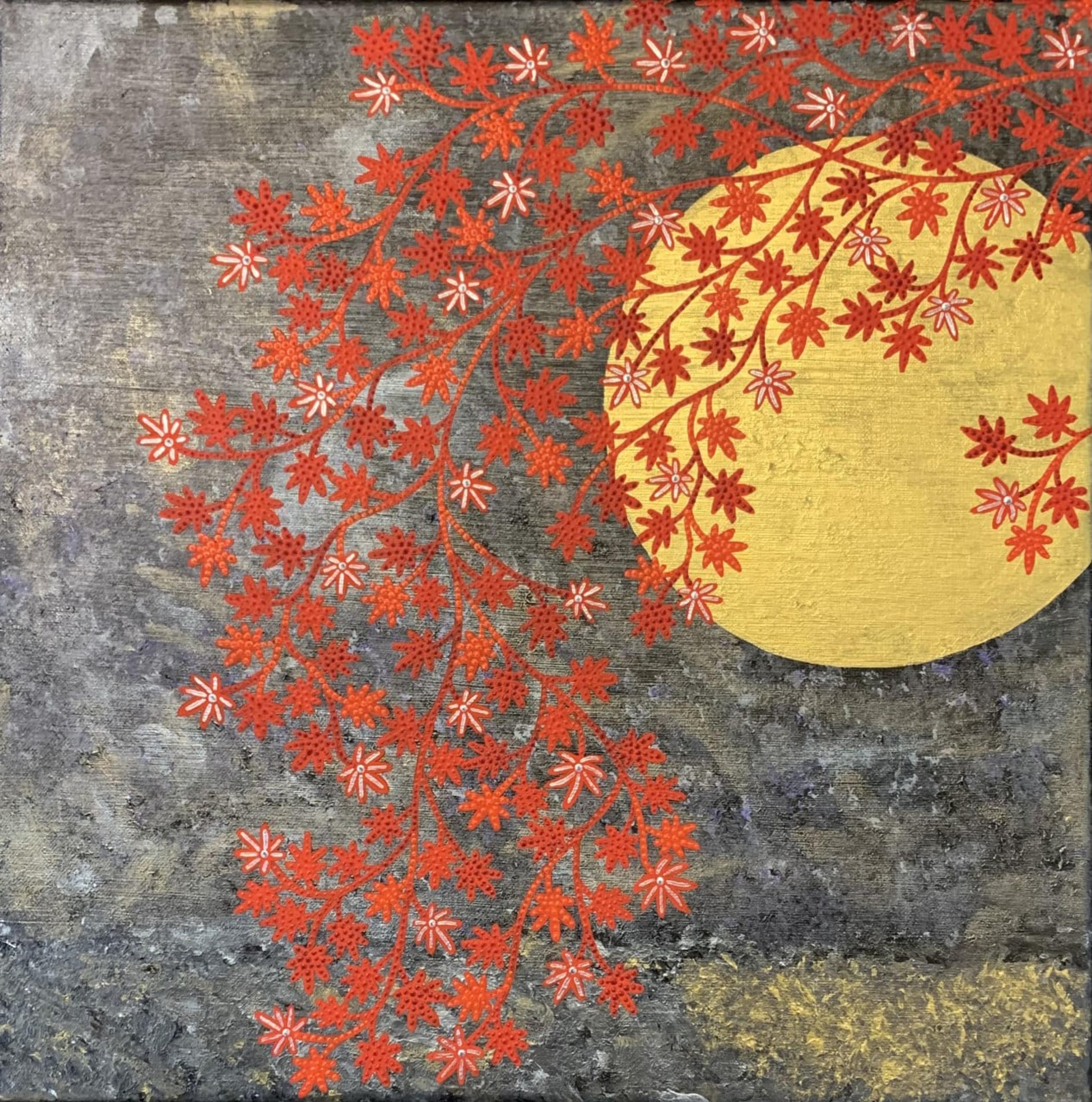 Tableau abstrait contemporain "Erable japonais" de Caroline Pons. Vue directe de la toile, branches rouges à feuilles pointillistes sur fond gris texturé avec grand cercle doré lumineux.