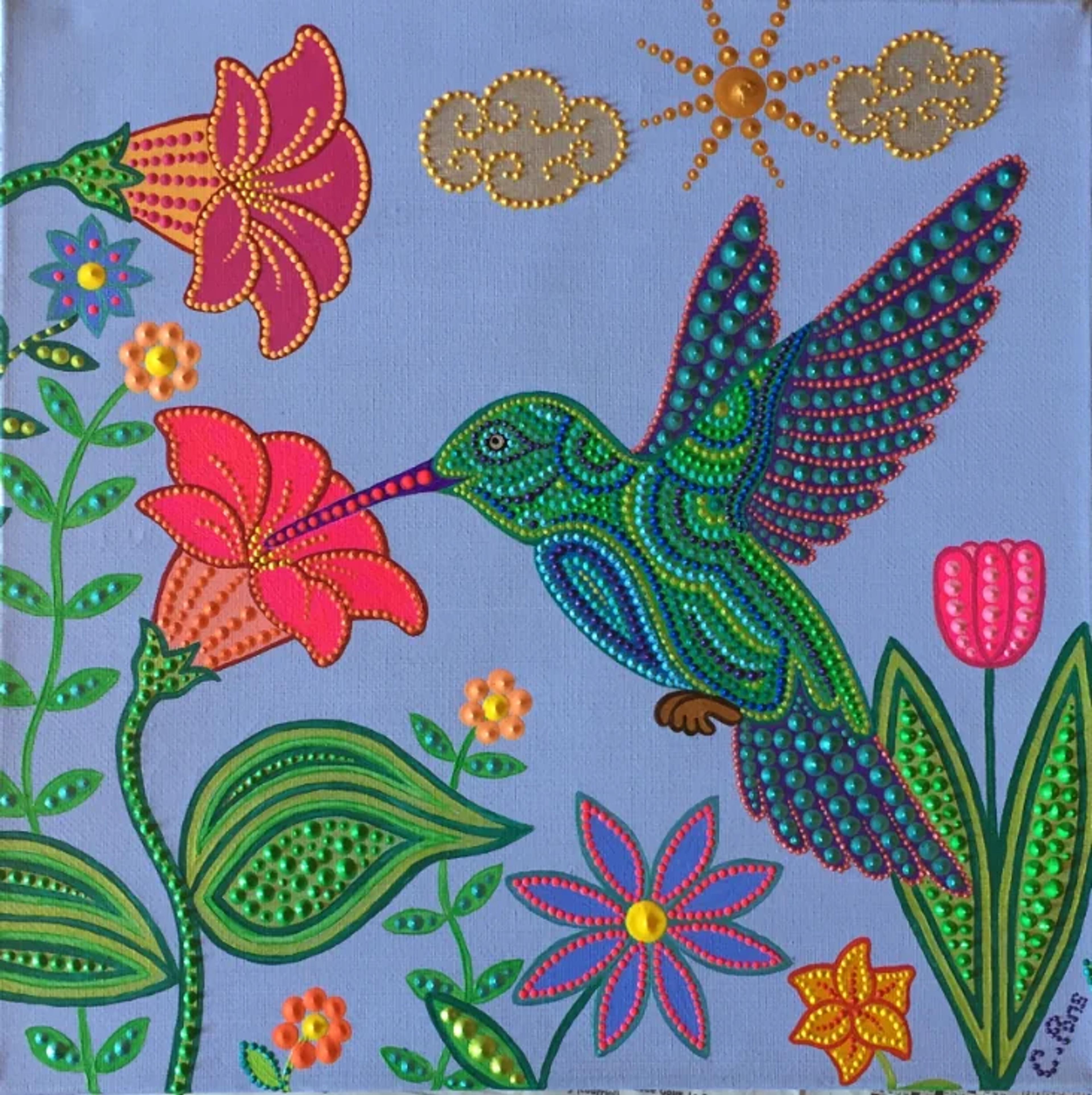 Œuvre "Colibri" de Caroline Pons. Toile acrylique vibrante en dot art, colibri vert et fleurs roses éclatantes sur fond bleu clair. Art aborigène contemporain.