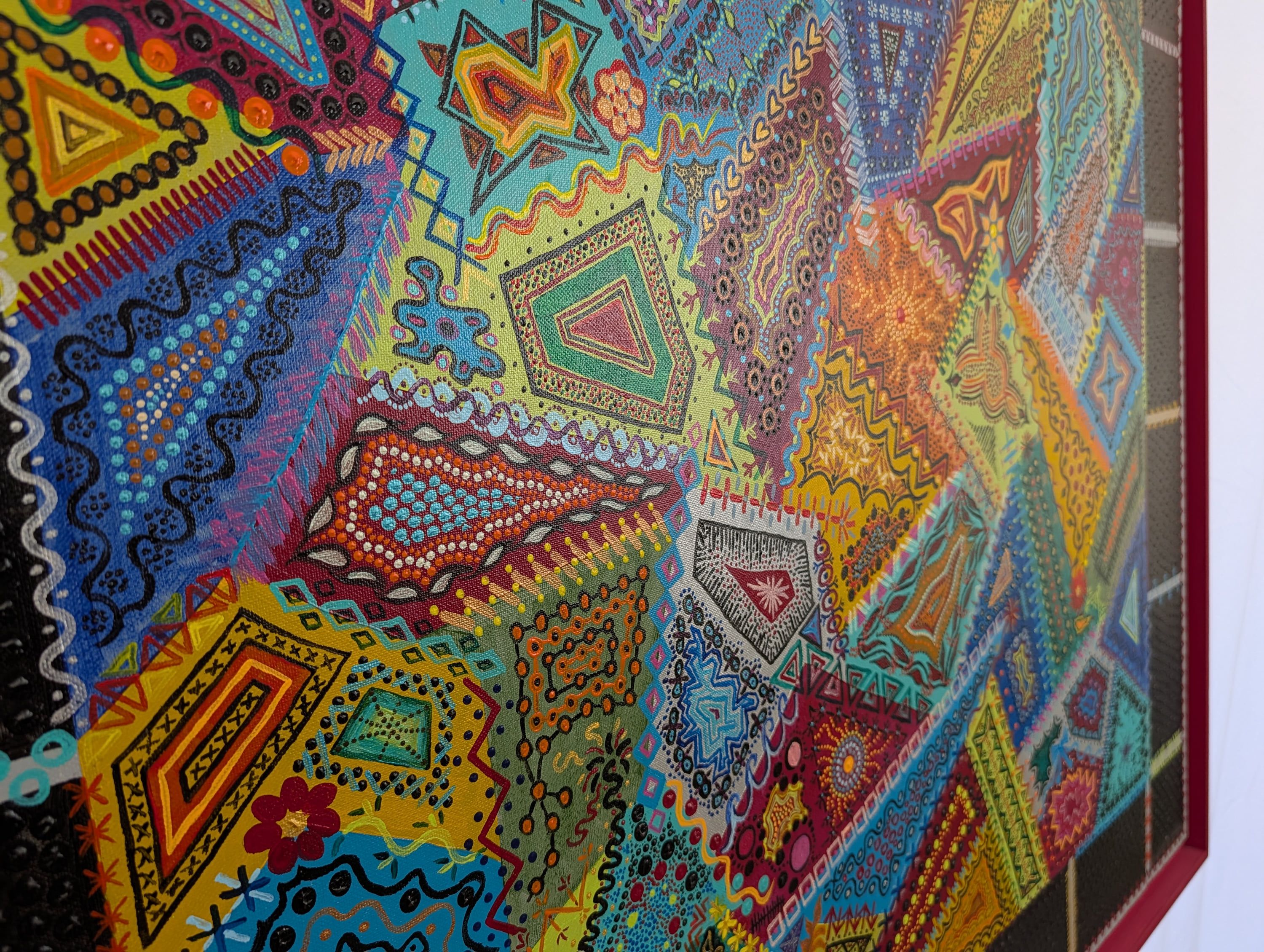 Vibrant detail of Caroline Pons' contemporary aboriginal-style art, featuring colorful geometric patterns, intricate dots, and rich textures.