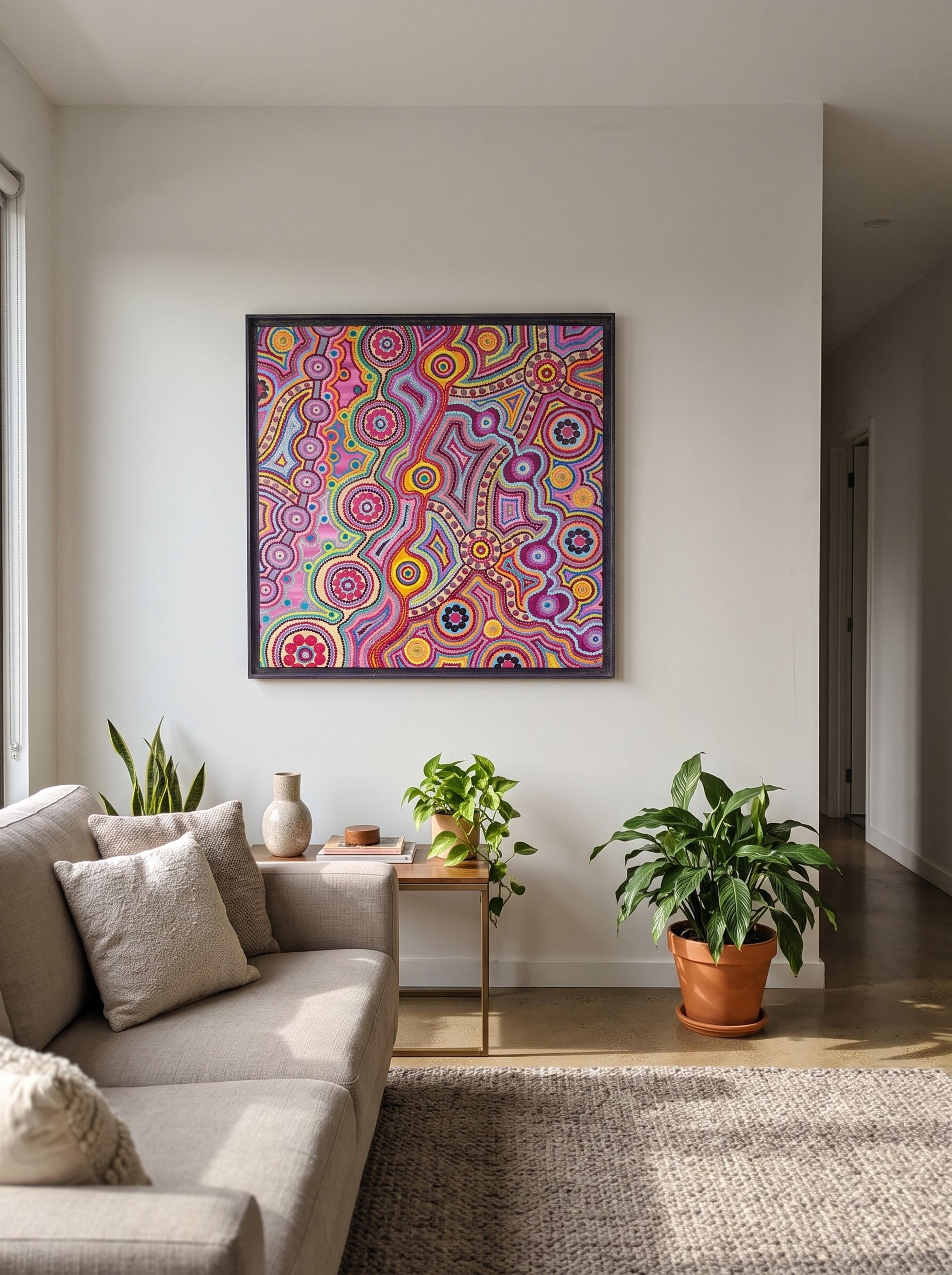 Tableau abstrait contemporain 'Pink' de Caroline Pons, motifs de points et cercles vibrants roses, jaunes, violets. Caisse américaine violette, exposé en salon moderne.