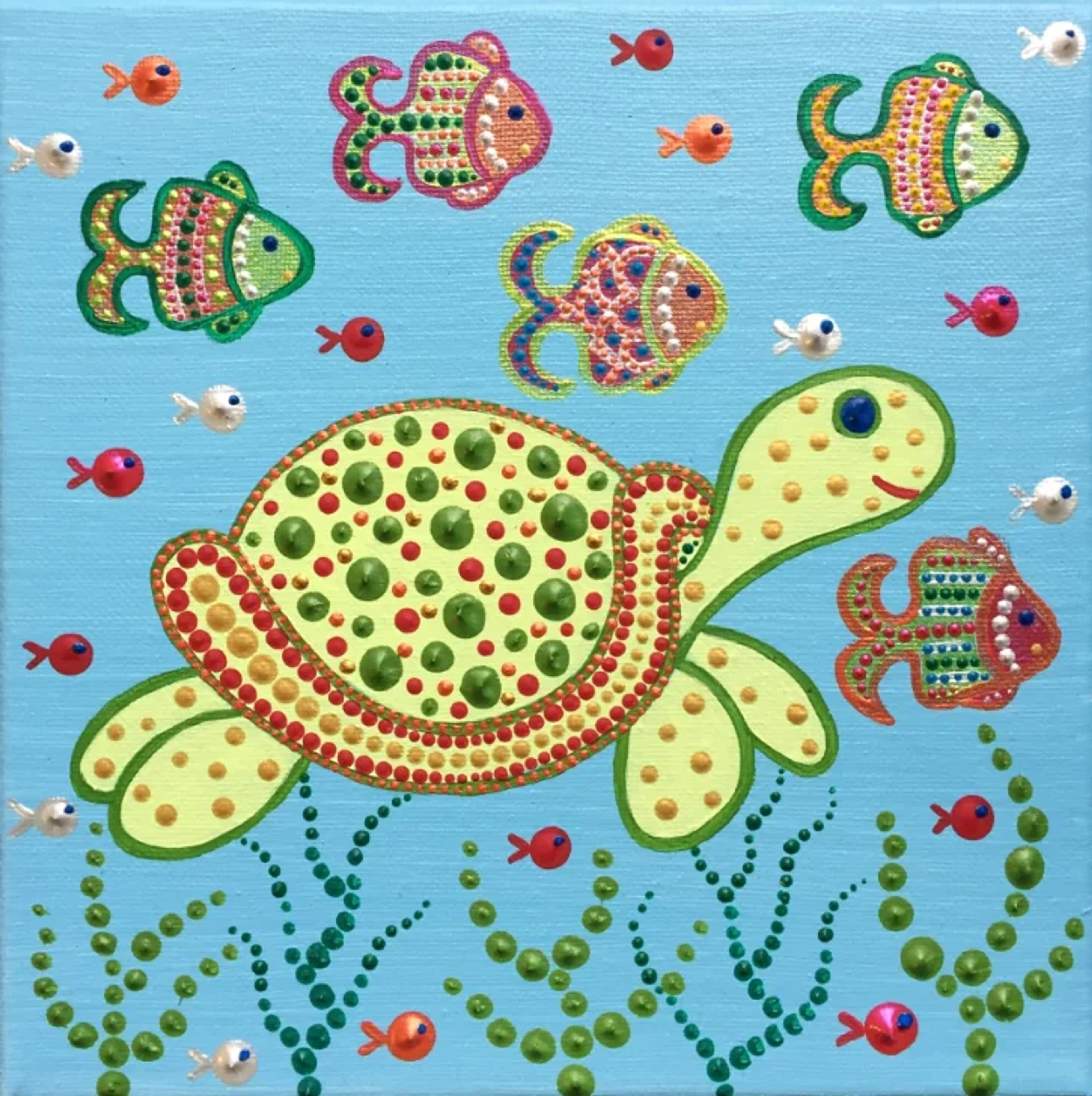 Toile acrylique "Tortue" de Caroline Pons: tortue verte et poissons colorés en dot art sur fond bleu, motifs de points vibrants rouges, jaunes et verts.