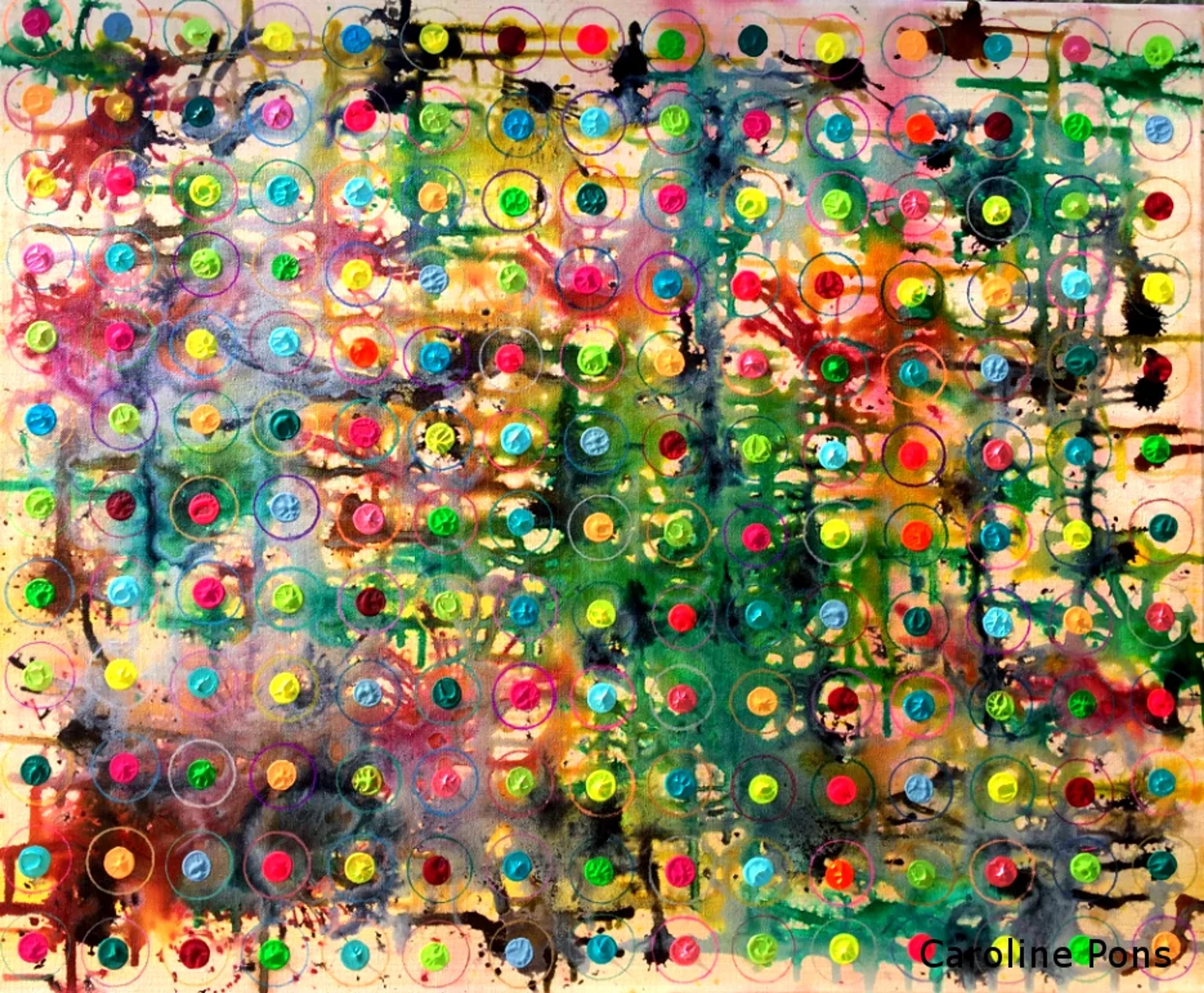 « Chorégraphie chromatique », tableau abstrait contemporain de Caroline Pons. Grille vibrante de points colorés (roses, jaunes, verts, bleus) sur fond de taches dynamiques, créant une ambiance joyeuse et rythmée.