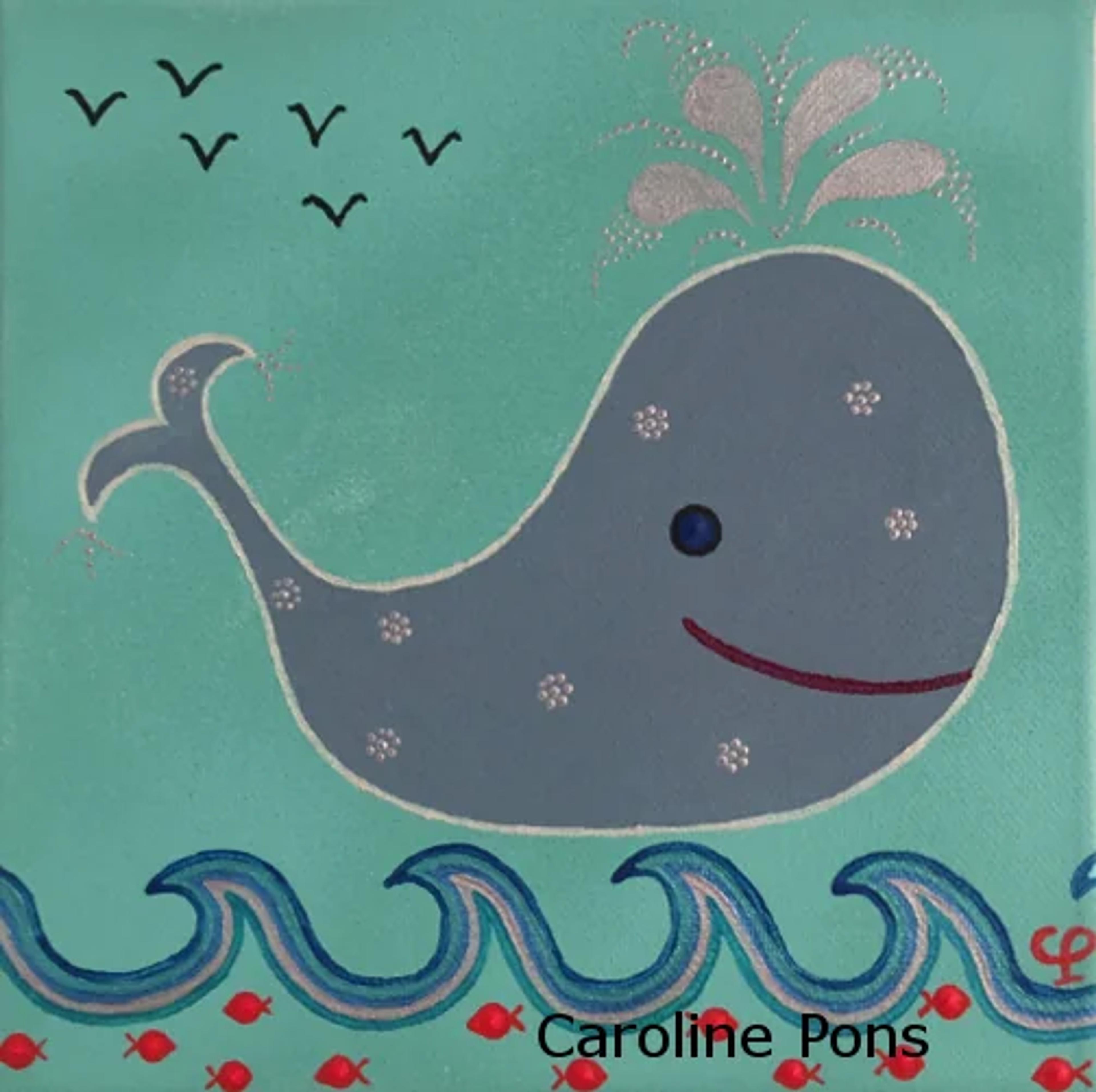 Baleine 2", œuvre originale de Caroline Pons. Une baleine grise à pois argentés sur fond turquoise vibrant, avec des vagues bleues. L'ambiance marine est joyeuse, caractérisée par une technique de pointillisme ludique.
