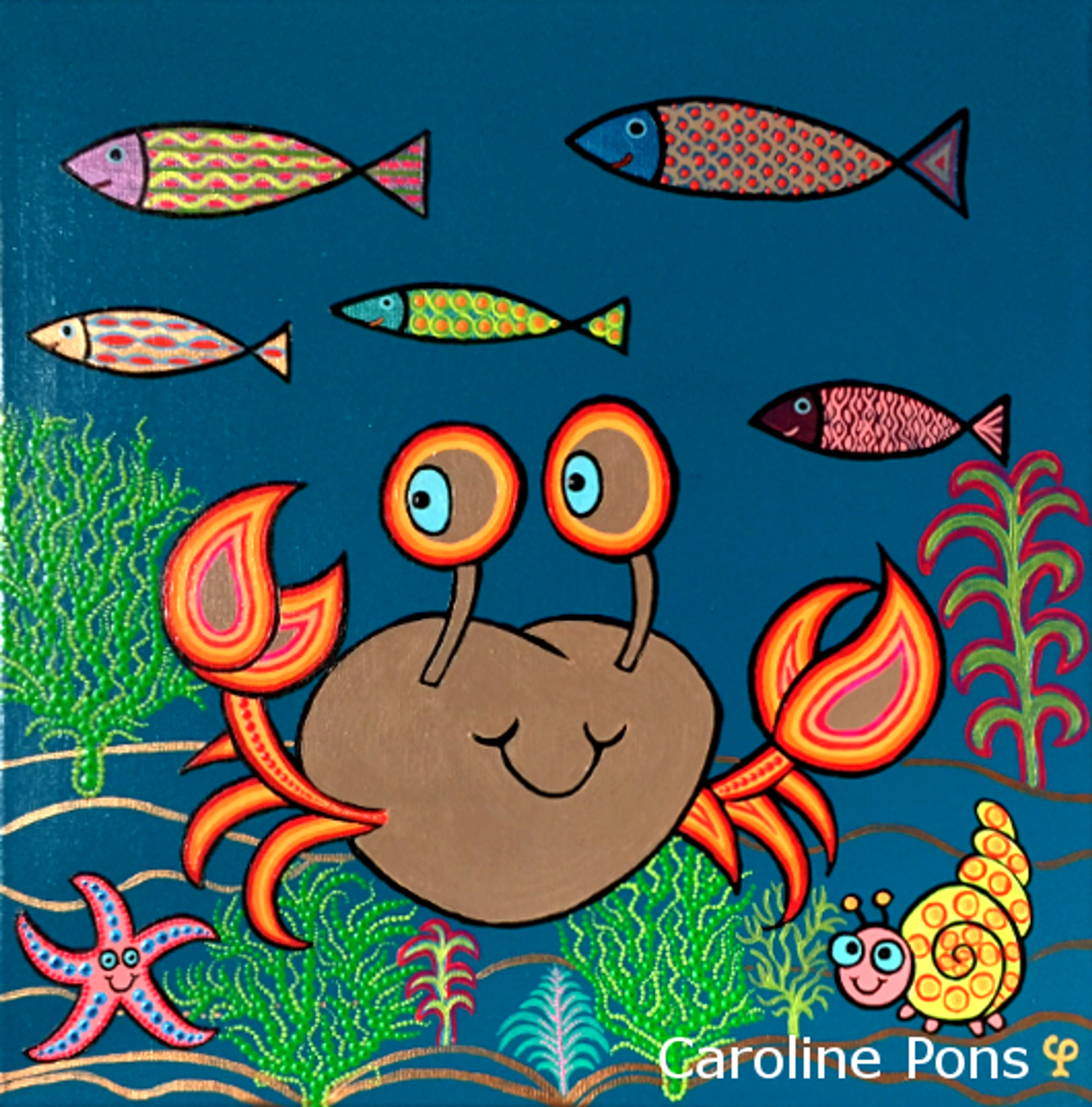 Peinture moderne "Crabe Elie" par Caroline Pons. Crabe brun souriant aux yeux orange, entouré de poissons et algues en dot art multicolore sur fond bleu. L'ambiance sous-marine est joyeuse et vibrante.