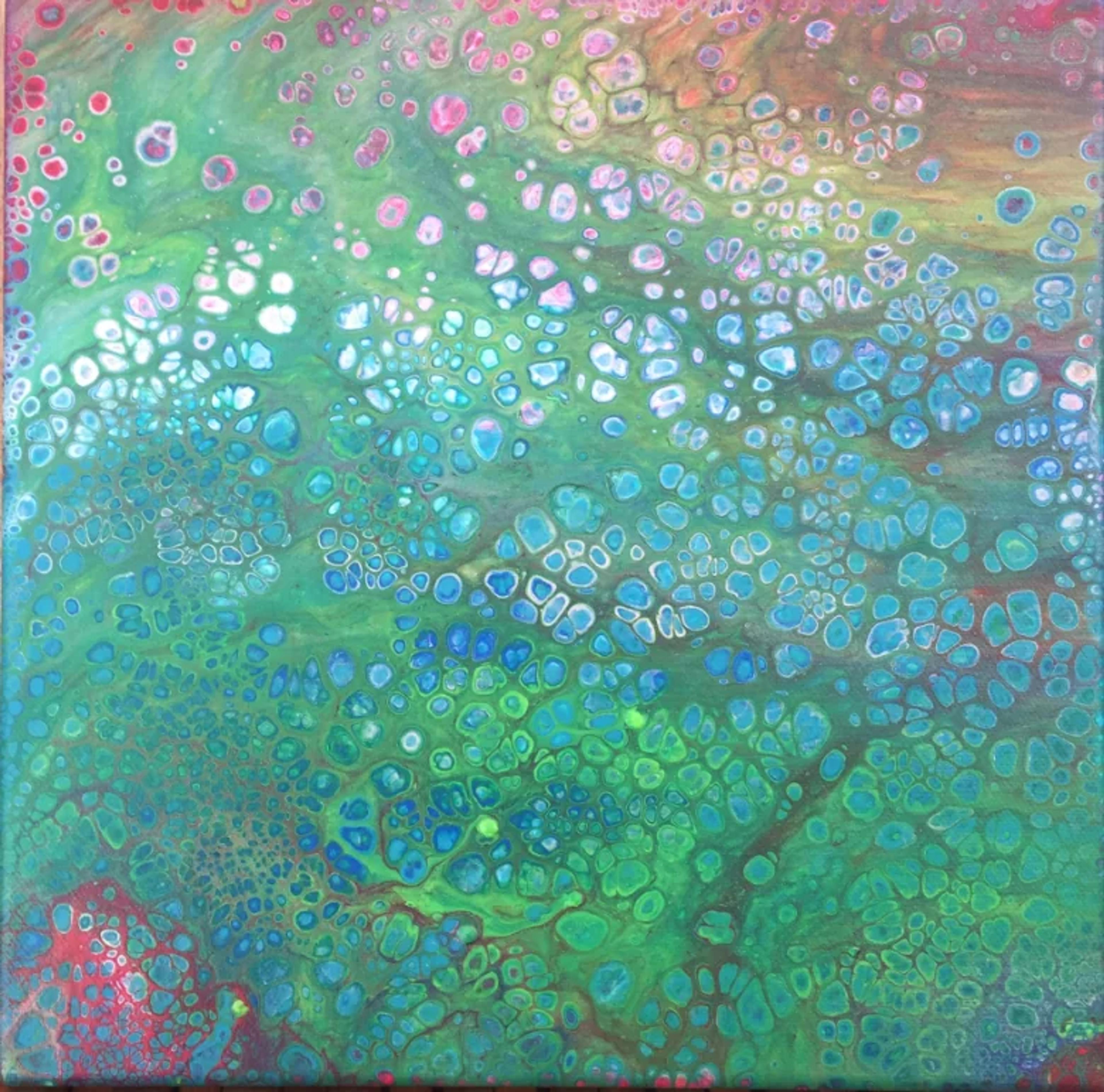 Toile "Acrylic Pouring" par Caroline Pons, présentant une explosion de cellules vertes, bleues et roses. Cette œuvre d'art aborigène contemporain évoque la nature.