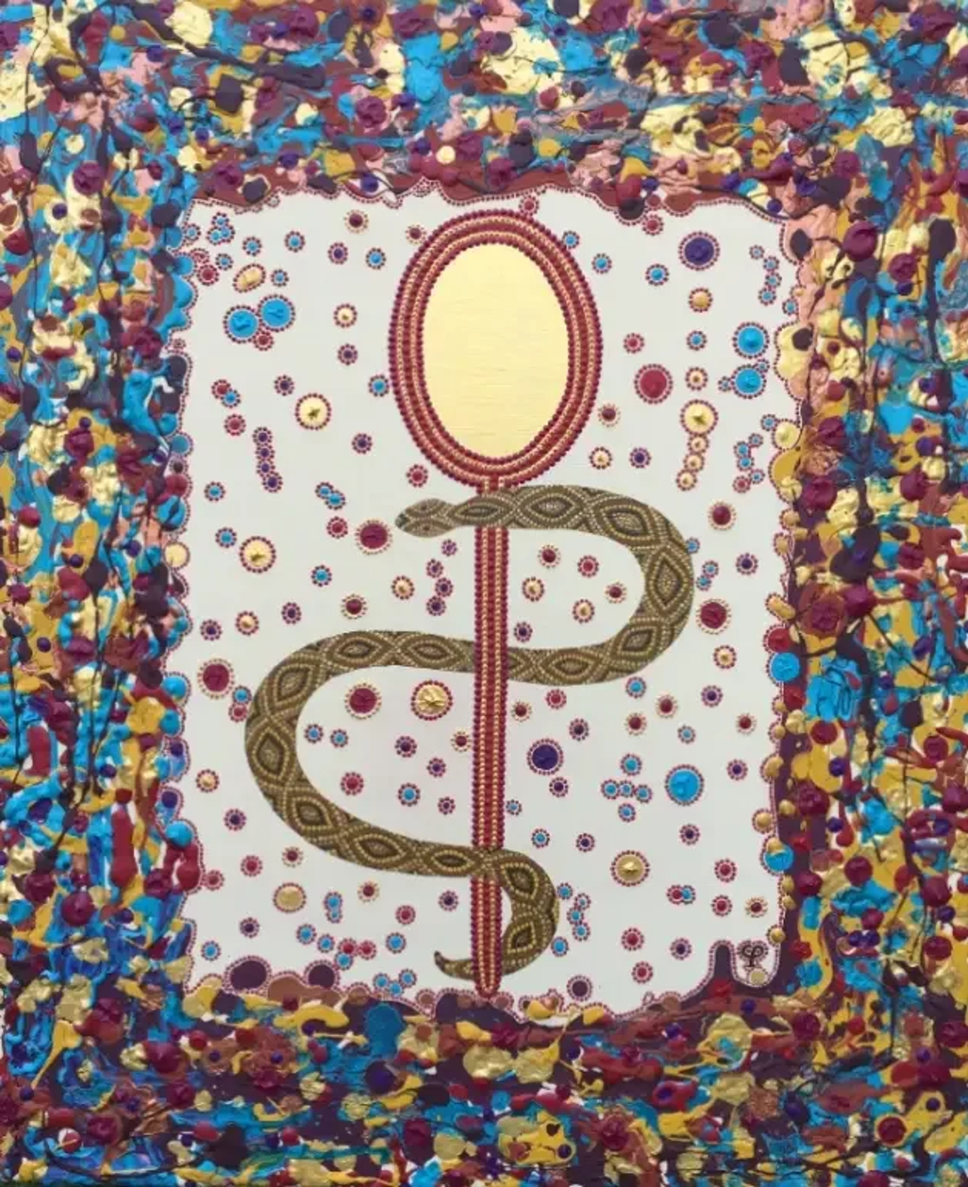 Caroline Pons, Art aborigène contemporain. Caducée en points vibrants: serpent doré, miroir ovale, fond pointilliste. Cadre texturé bleu, or, rouge.
