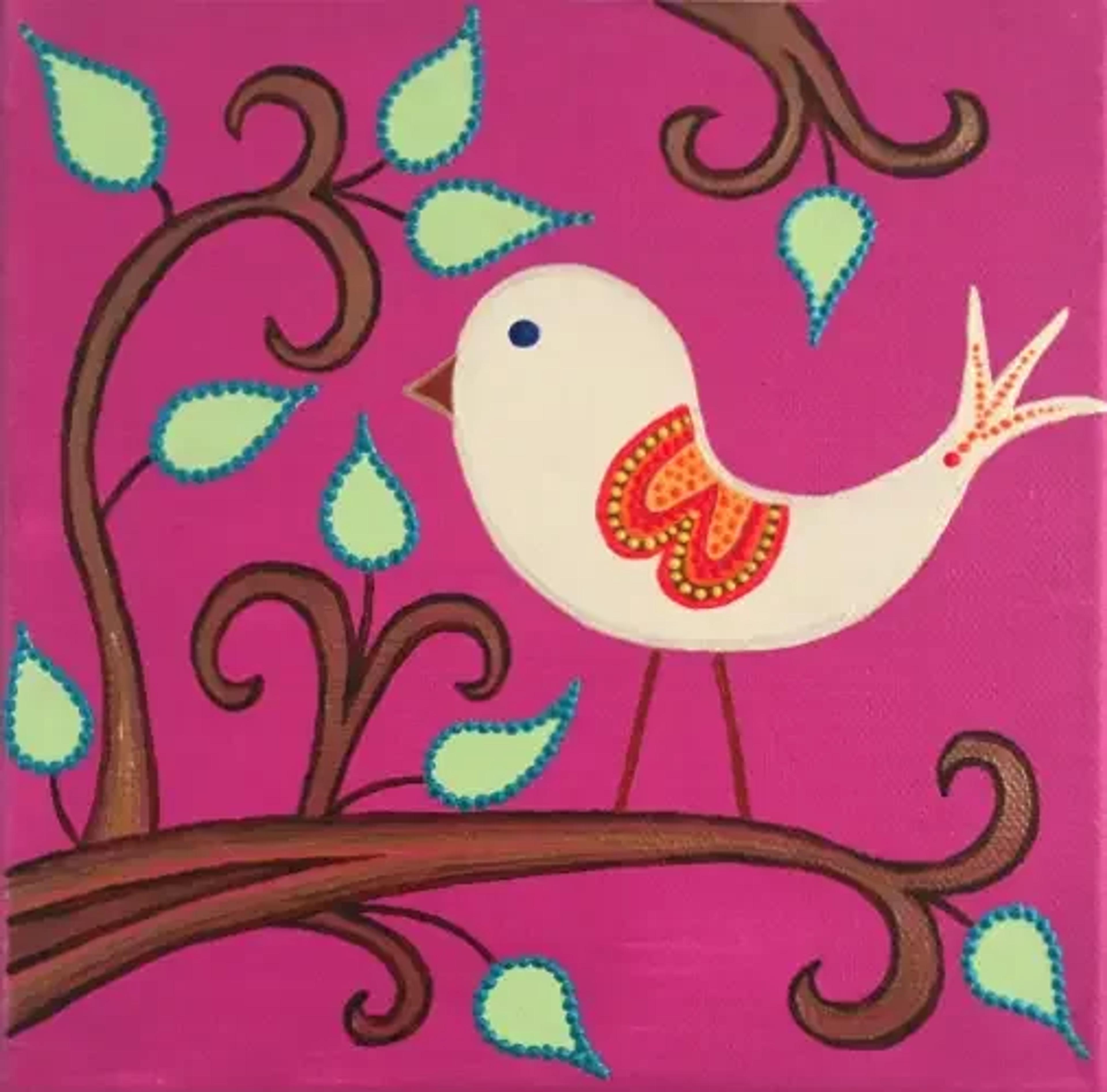 Toile acrylique "Oiseau" de Caroline Pons, stylisé blanc sur fond fuchsia, avec branches brunes et feuilles vertes au dot art bleu/orange.