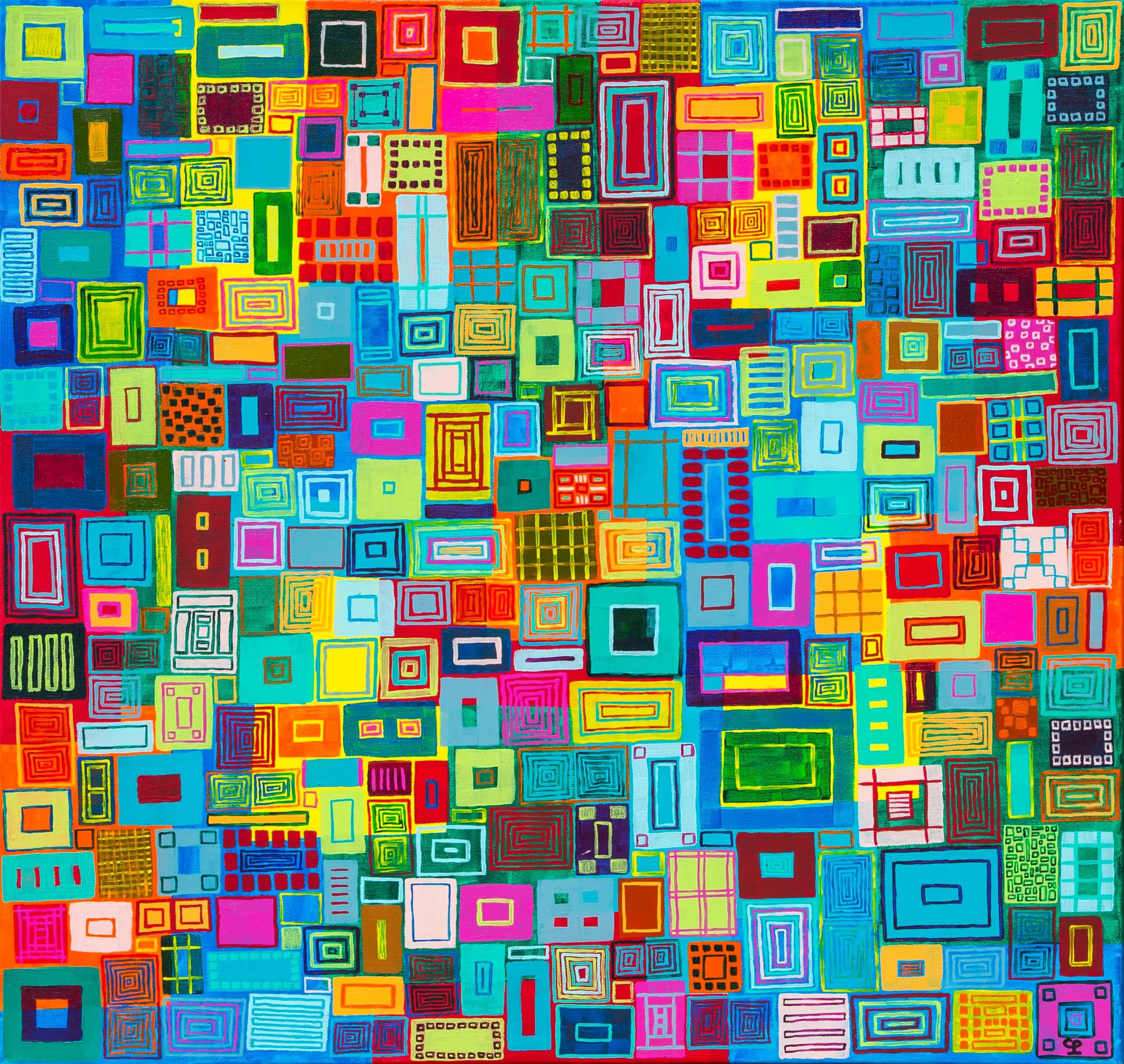 « Majong », tableau abstrait contemporain de Caroline Pons. Mosaïque vibrante de formes géométriques et couleurs vives, enrichie de dot art pour une ambiance ludique et texturée.