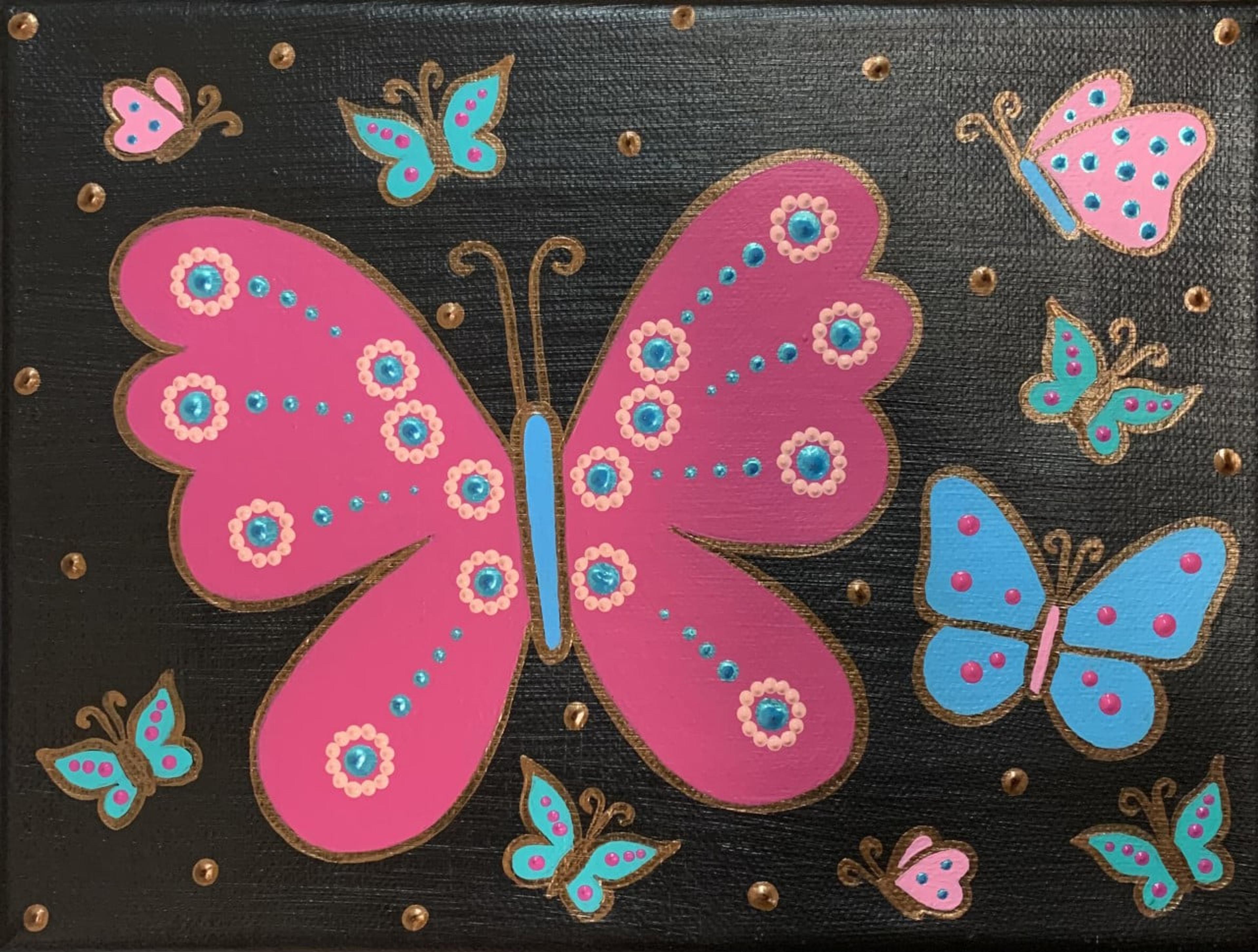 Peinture moderne de Caroline Pons: papillons rose vif et bleu clair, décorés de points et de contours dorés, sur fond noir parsemé de points scintillants. Une œuvre pleine de vie.