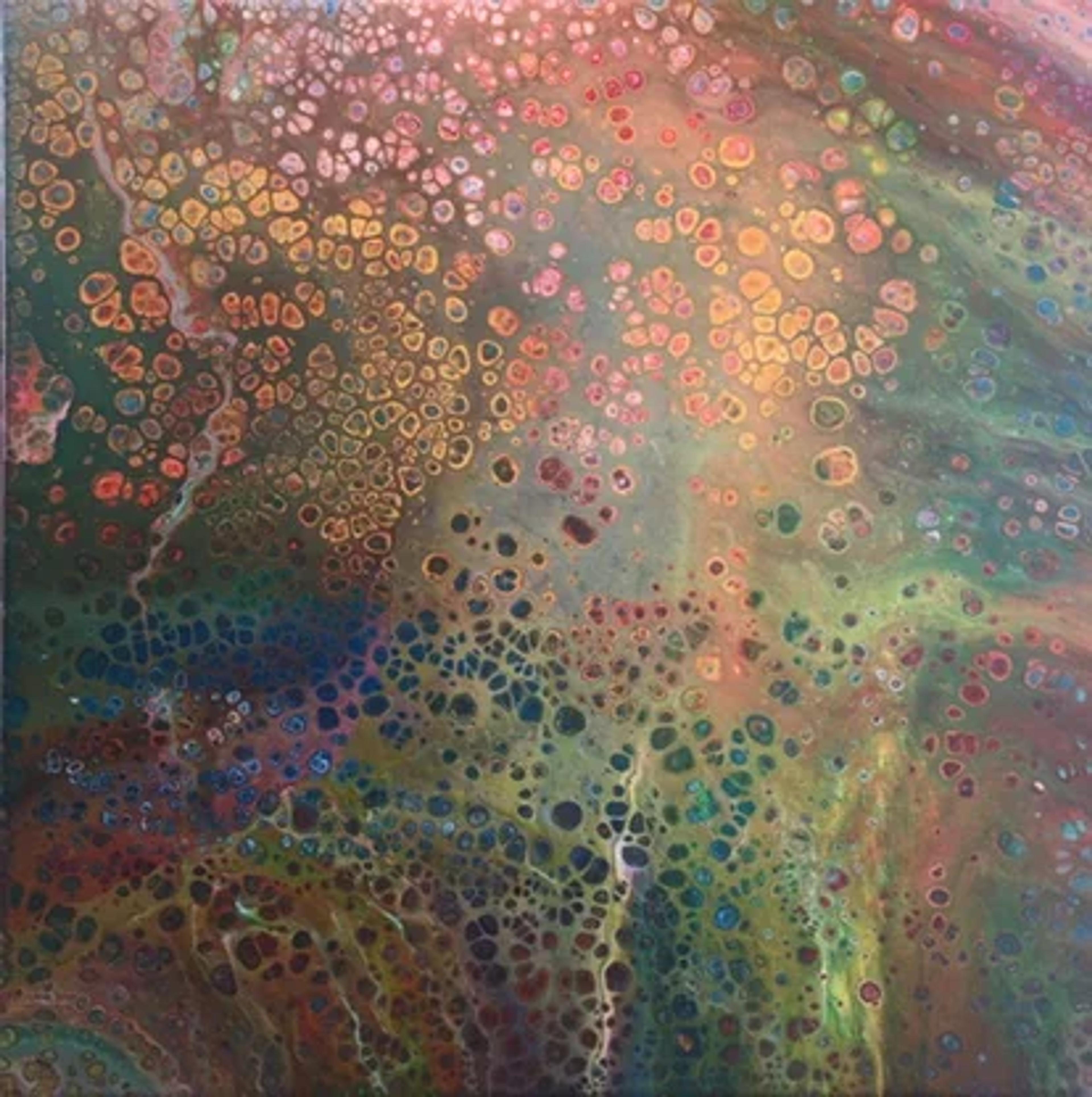 Toile acrylique "Acrylic pouring" de Caroline Pons, motifs abstraits multicolores, cellules organiques et textures fluides vibrantes.