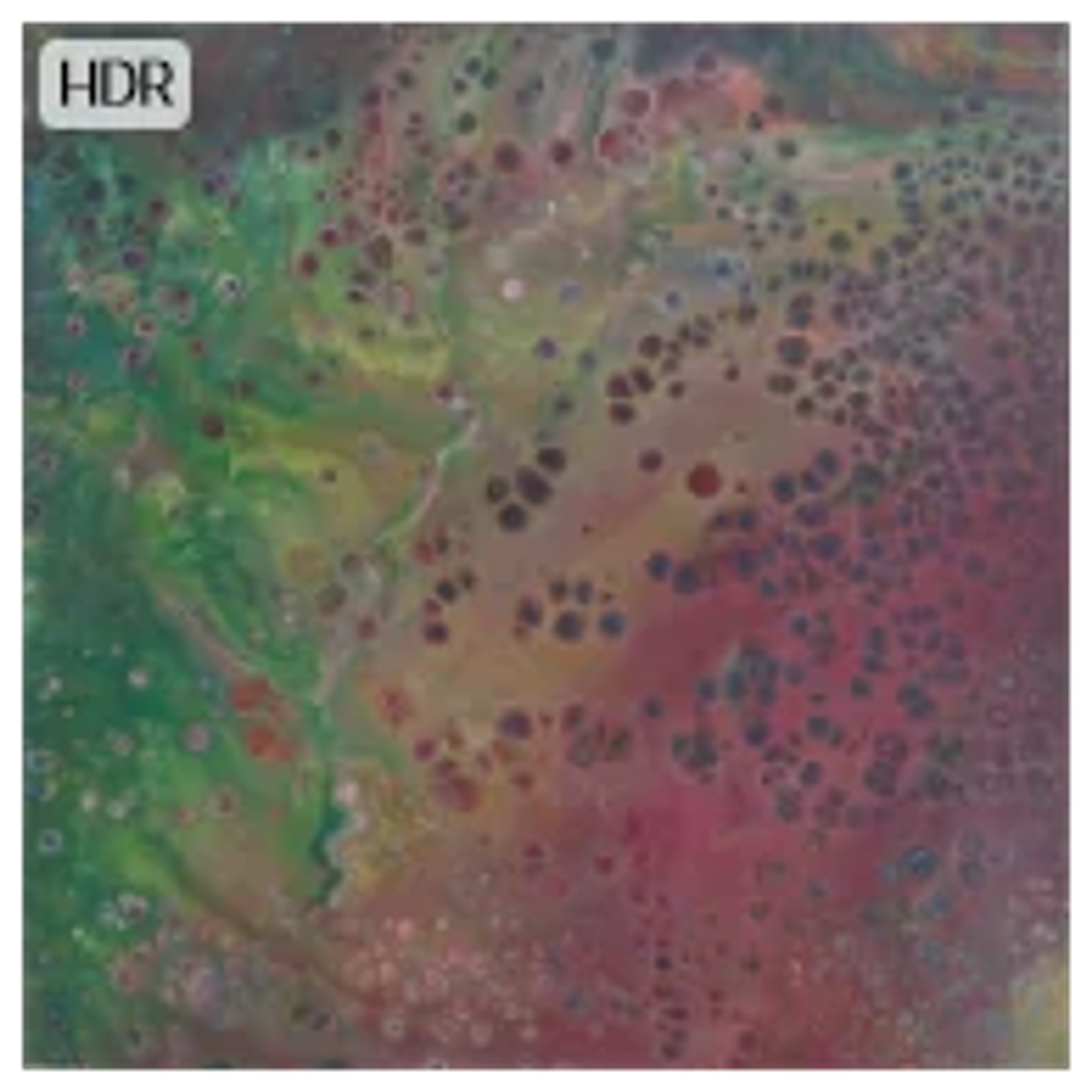 Tableau abstrait contemporain d'Acrylic pouring par Caroline Pons, aux motifs fluides et points colorés en vert, rose et jaune, rappelant des cellules microscopiques.