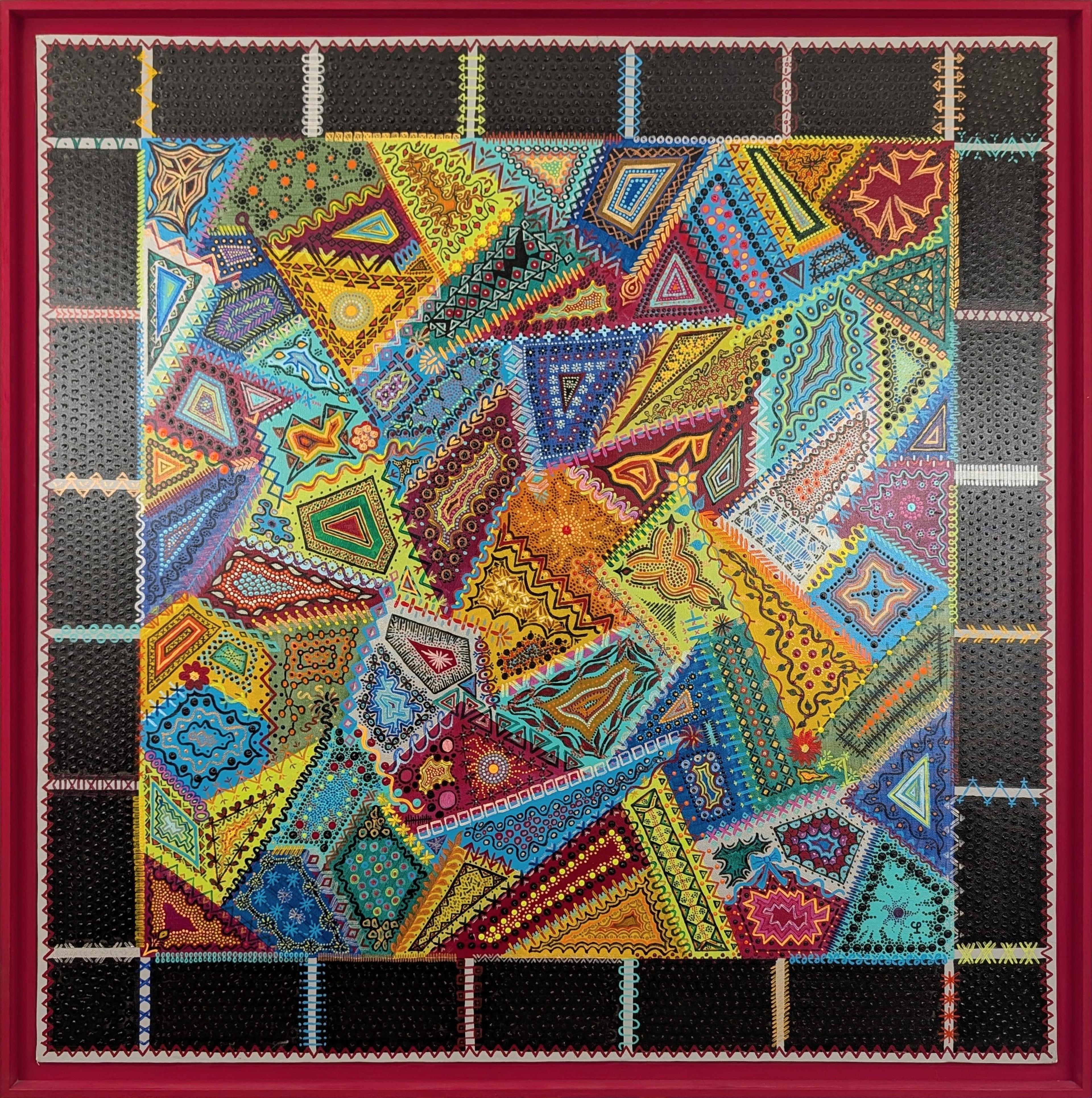 Tableau abstrait contemporain "Crazy" de Caroline Pons, riche en motifs géométriques vibrants et détails pointillistes aux couleurs éclatantes, encadré en rouge avec une bordure texturée noire.