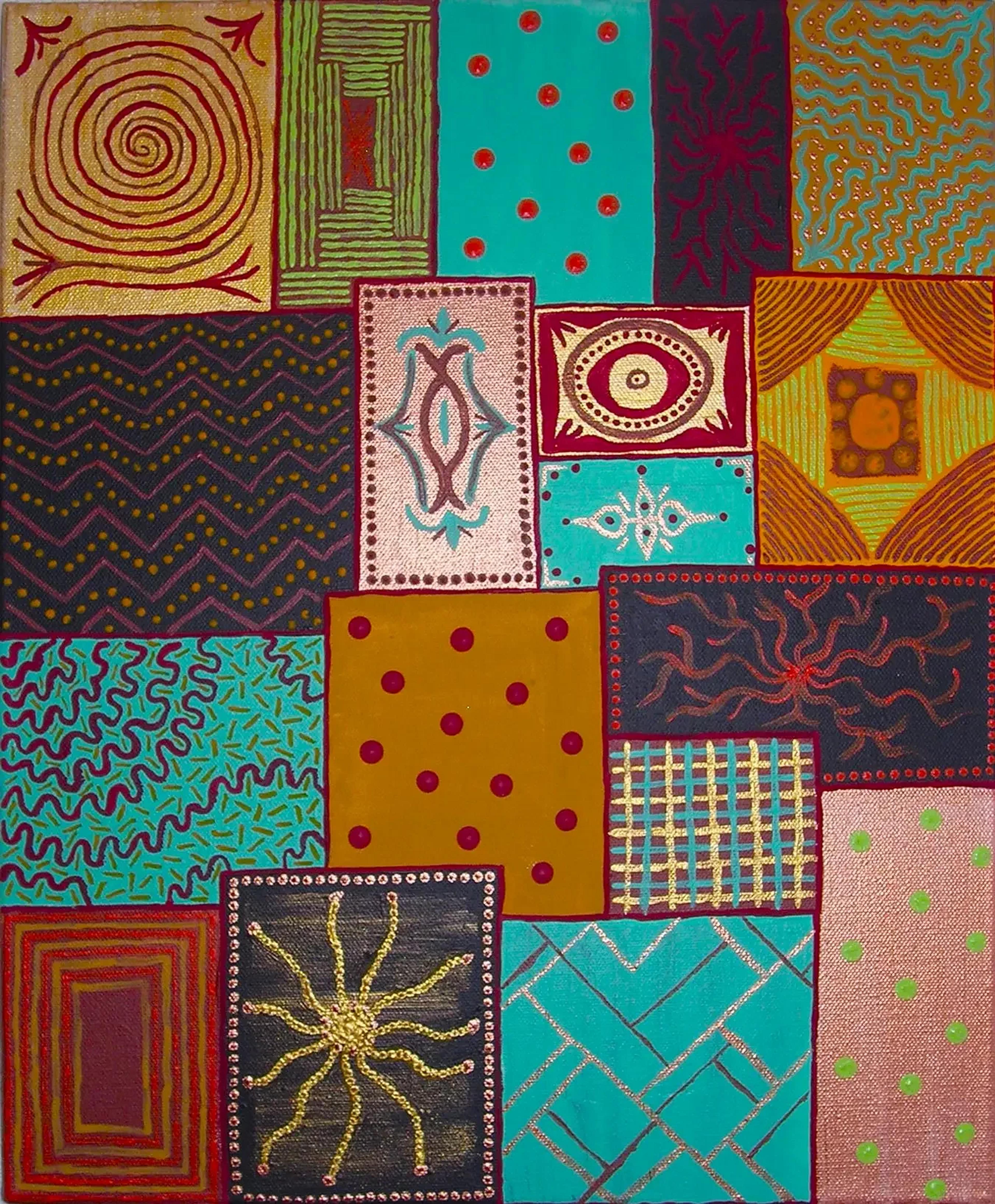 Tableau abstrait contemporain de Caroline Pons, mosaïque de motifs orientaux en points, spirales et géométries. Couleurs vives : turquoise, or, bordeaux, vert olive. Ambiance onirique.