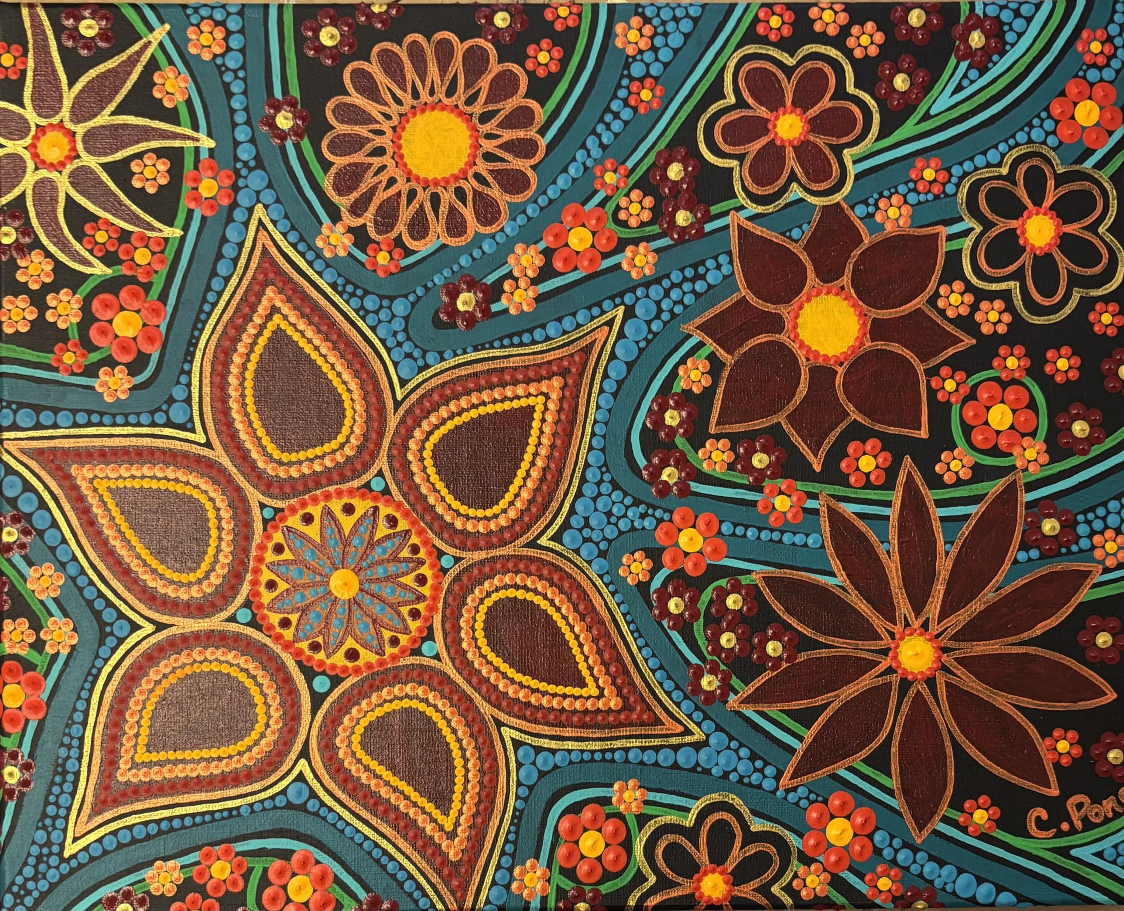 Tableau abstrait contemporain de Caroline Pons, « Constellation de fleurs ». Fleurs stylisées et motifs pointillistes aux couleurs chaudes et dorées sur fond sombre.
