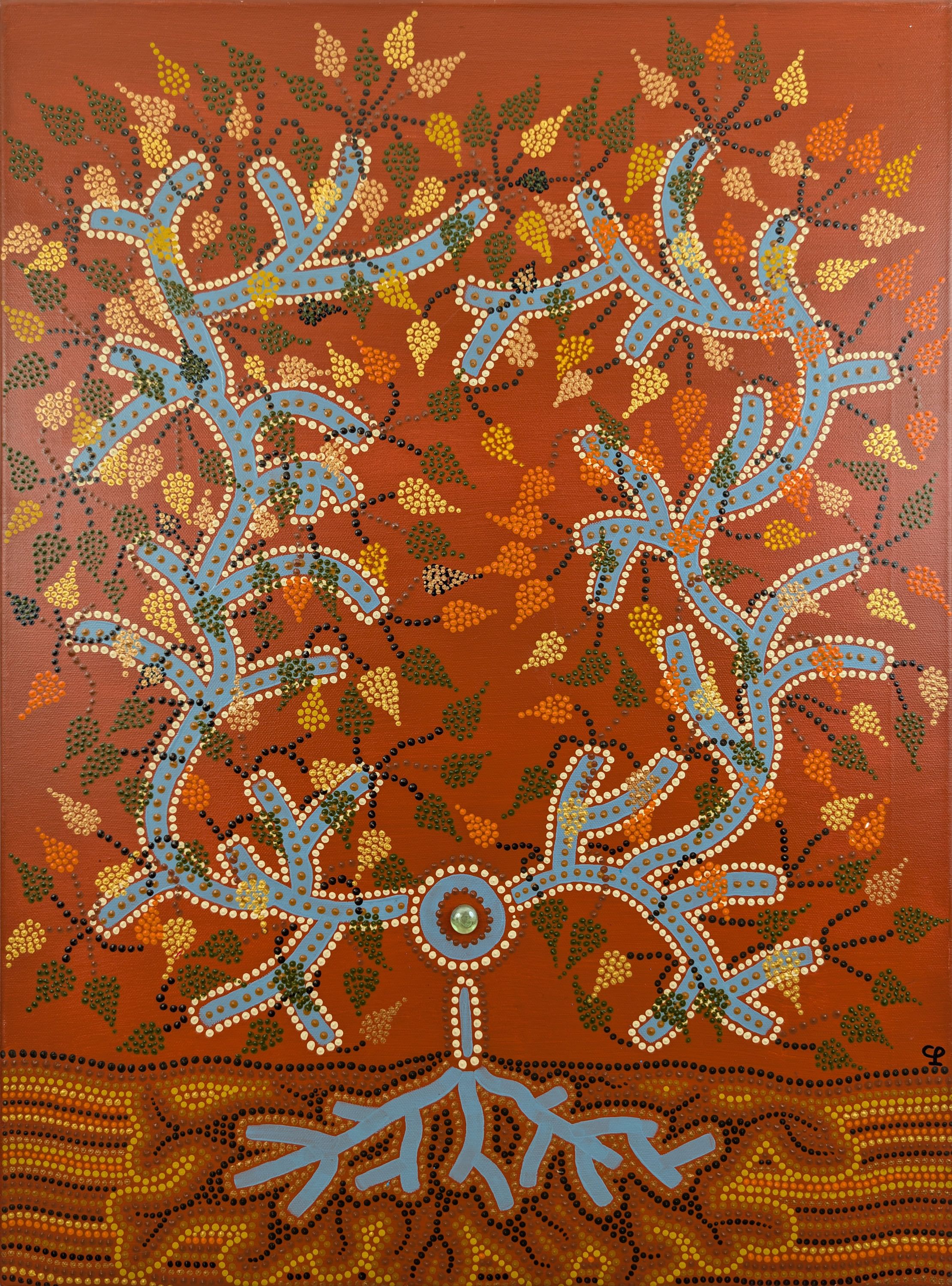 "L'arbre", by Caroline Pons. Contemporary aboriginal-style art: abstract tree with blue roots/branches, vibrant dot leaves (yellow, orange, green) on earthy red background.
