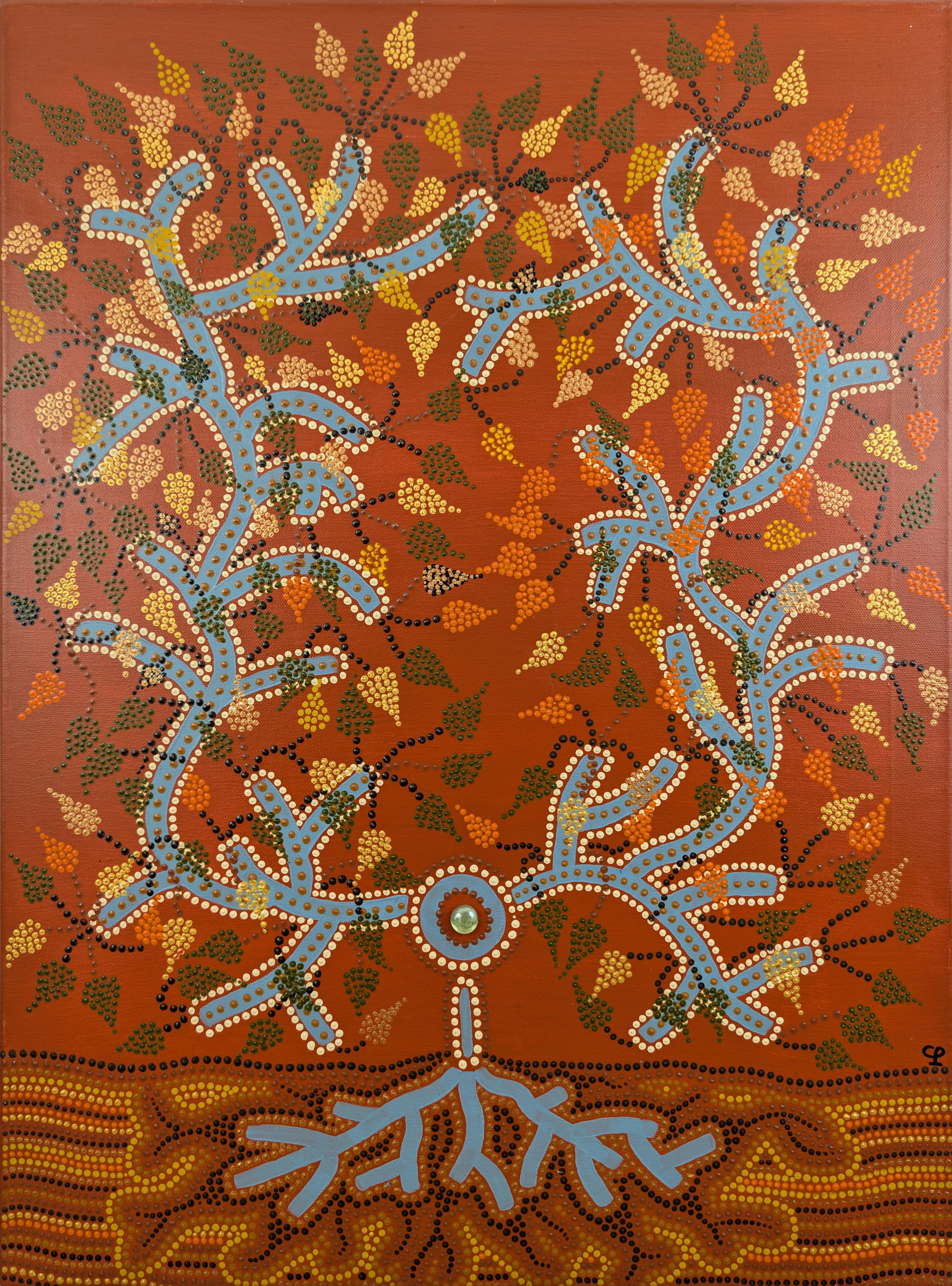 "L'arbre", toile de Caroline Pons. Art aborigène contemporain représentant un arbre abstrait aux racines/branches bleues et feuilles polychromes en points sur fond terre.