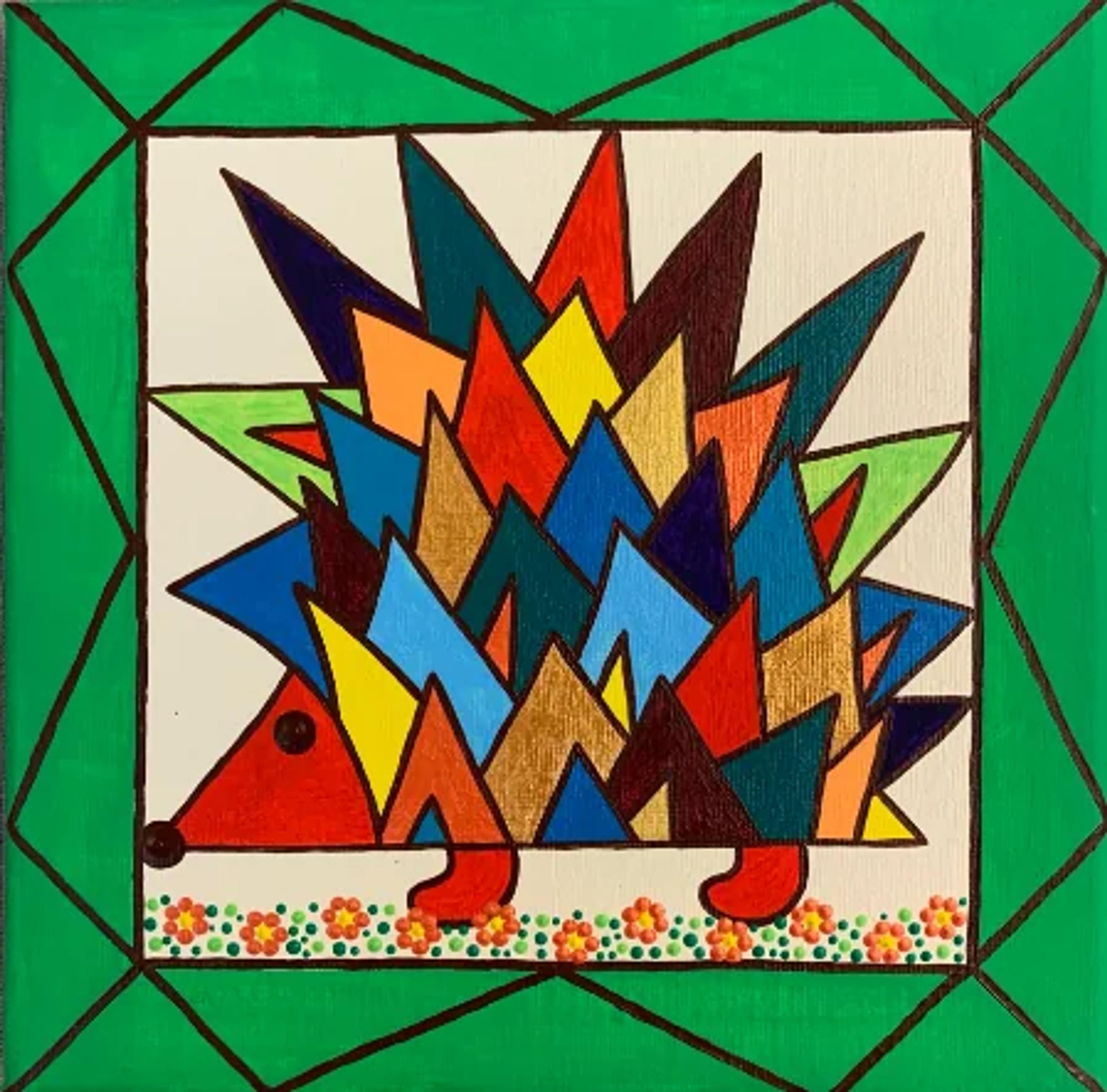 Peinture moderne de Caroline Pons: Hérisson géométrique vibrant, épines multicolores (or, rouge, bleu), sur fond blanc, avec fleurs en dot art et bordure verte.
