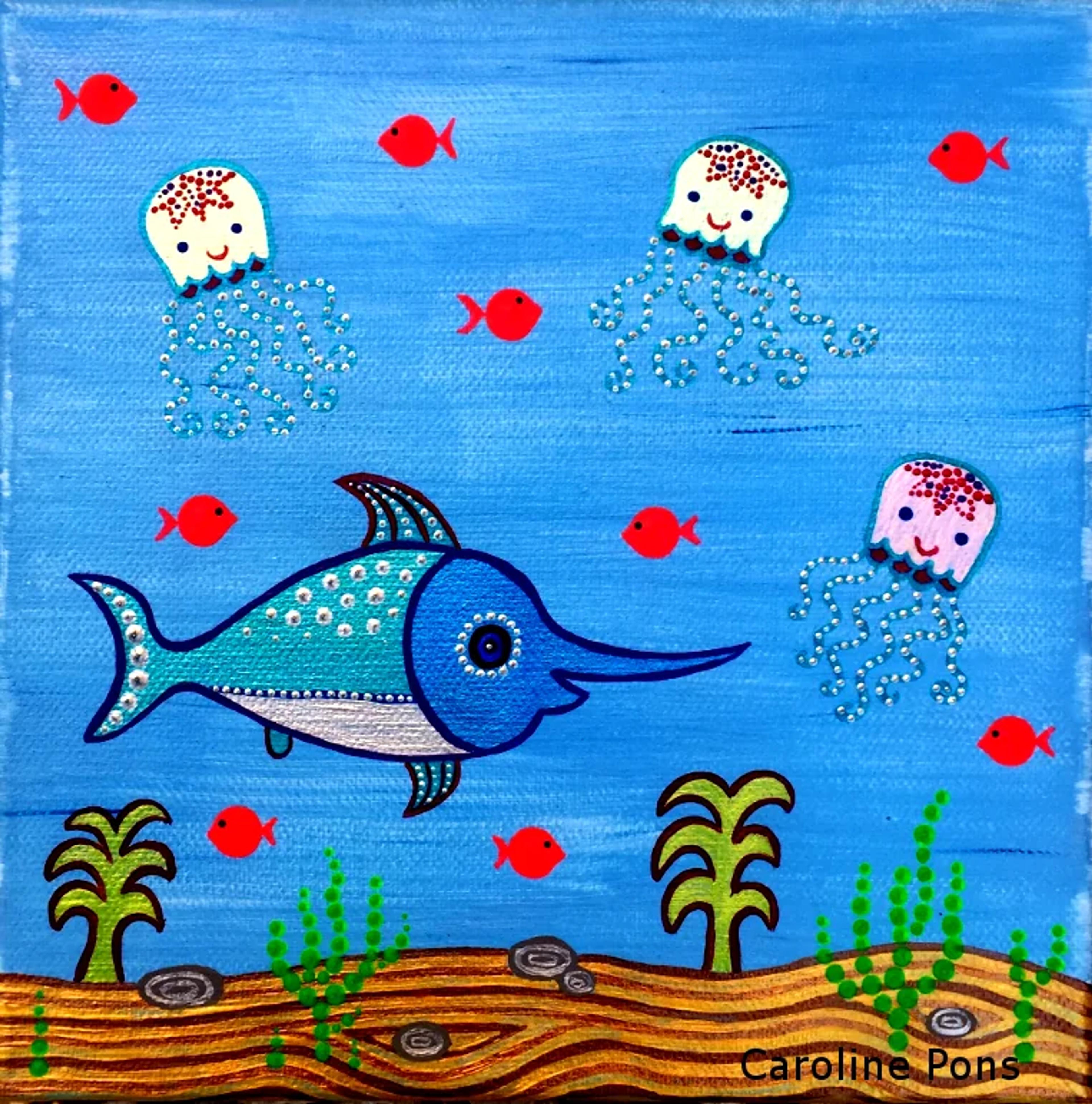 Toile acrylique "Espadon et méduses" de Caroline Pons. Peinture sous-marine en dot art d'un espadon bleu, méduses souriantes et poissons rouges sur fond océanique vif.