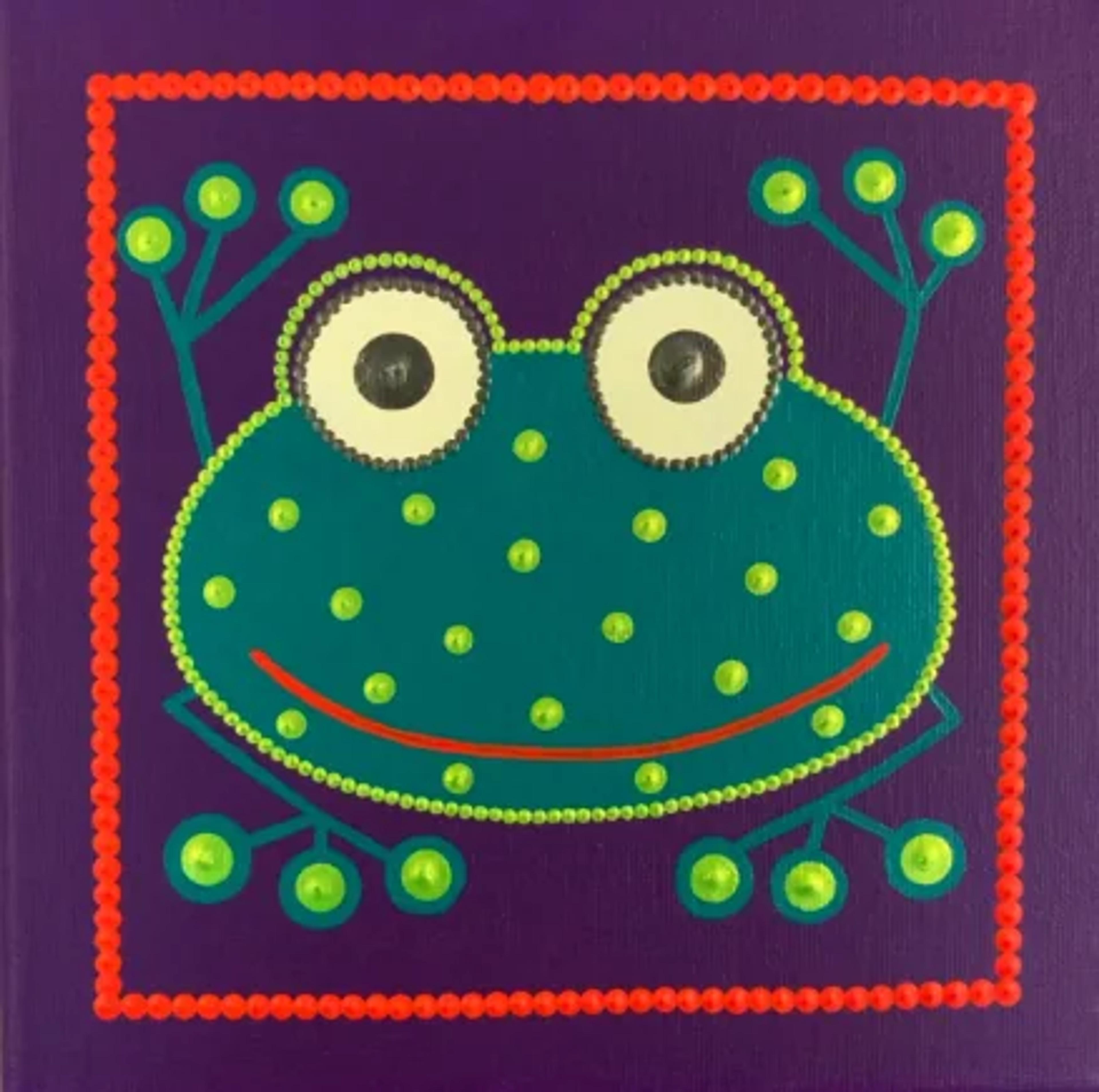 Œuvre originale "Grenouille" de Caroline Pons. Art pointilliste : grenouille teal, vert vif, orange sur fond violet profond, encadrée de points.