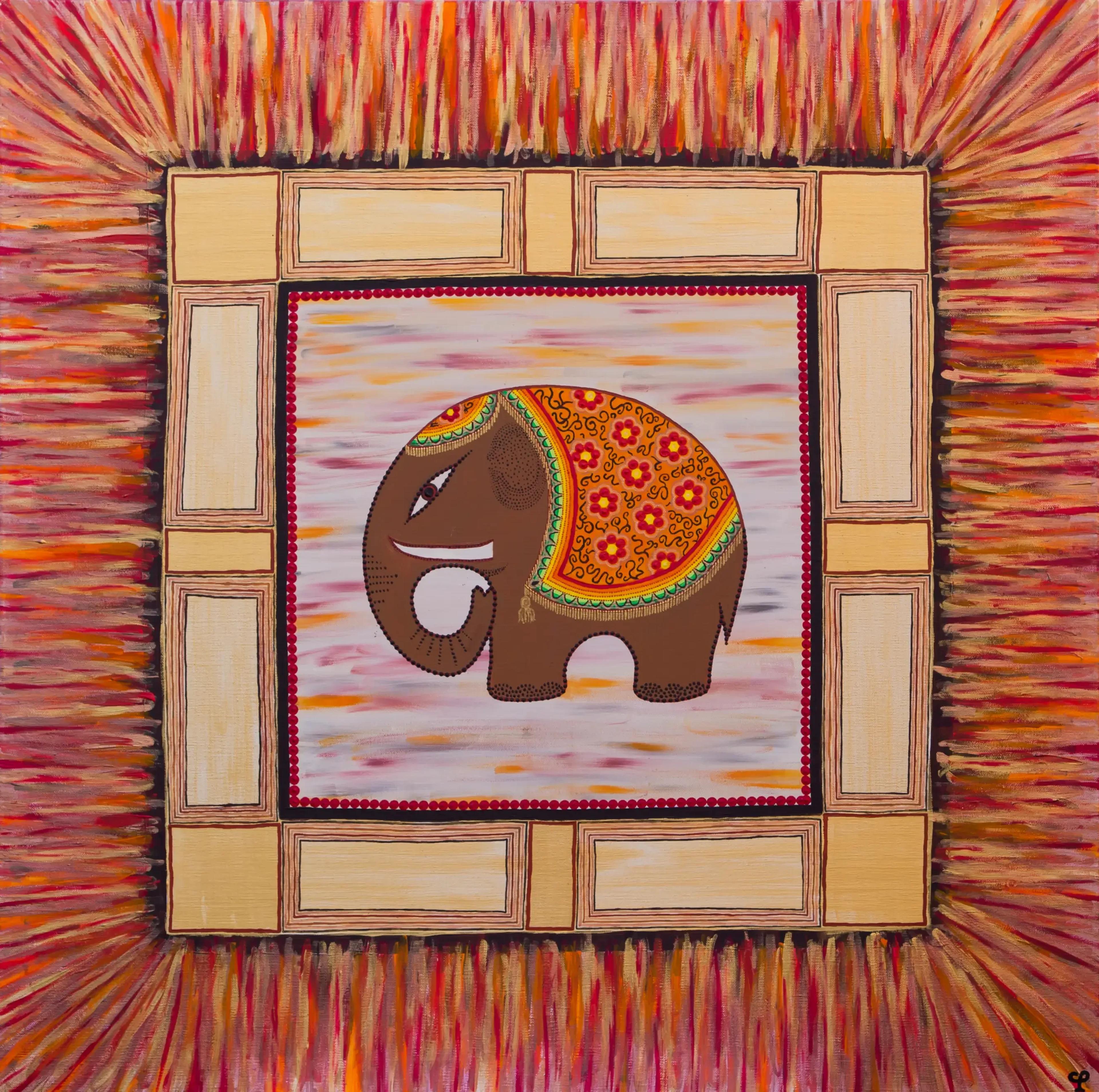 Éléphant brun stylisé avec motifs dot art orange/rouge. Cadre géométrique sur fond abstrait flamboyant rouge/orange. Œuvre originale de Caroline Pons, ambiance vibrante.