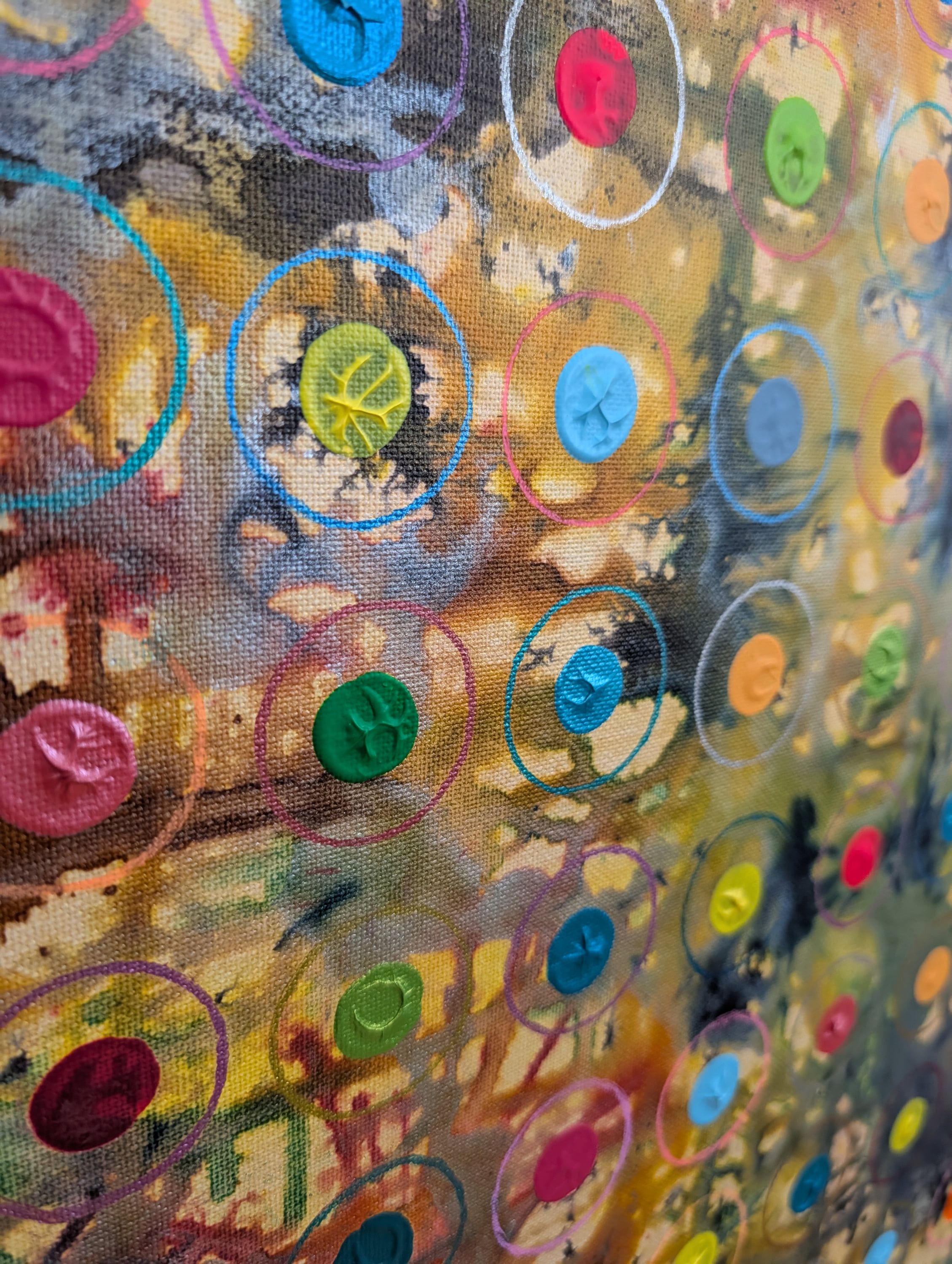 Détail de "Chorégraphie chromatique" de Caroline Pons : points colorés en relief cerclés de teintes vives sur fond abstrait texturé. Un Tableau abstrait contemporain vibrant.