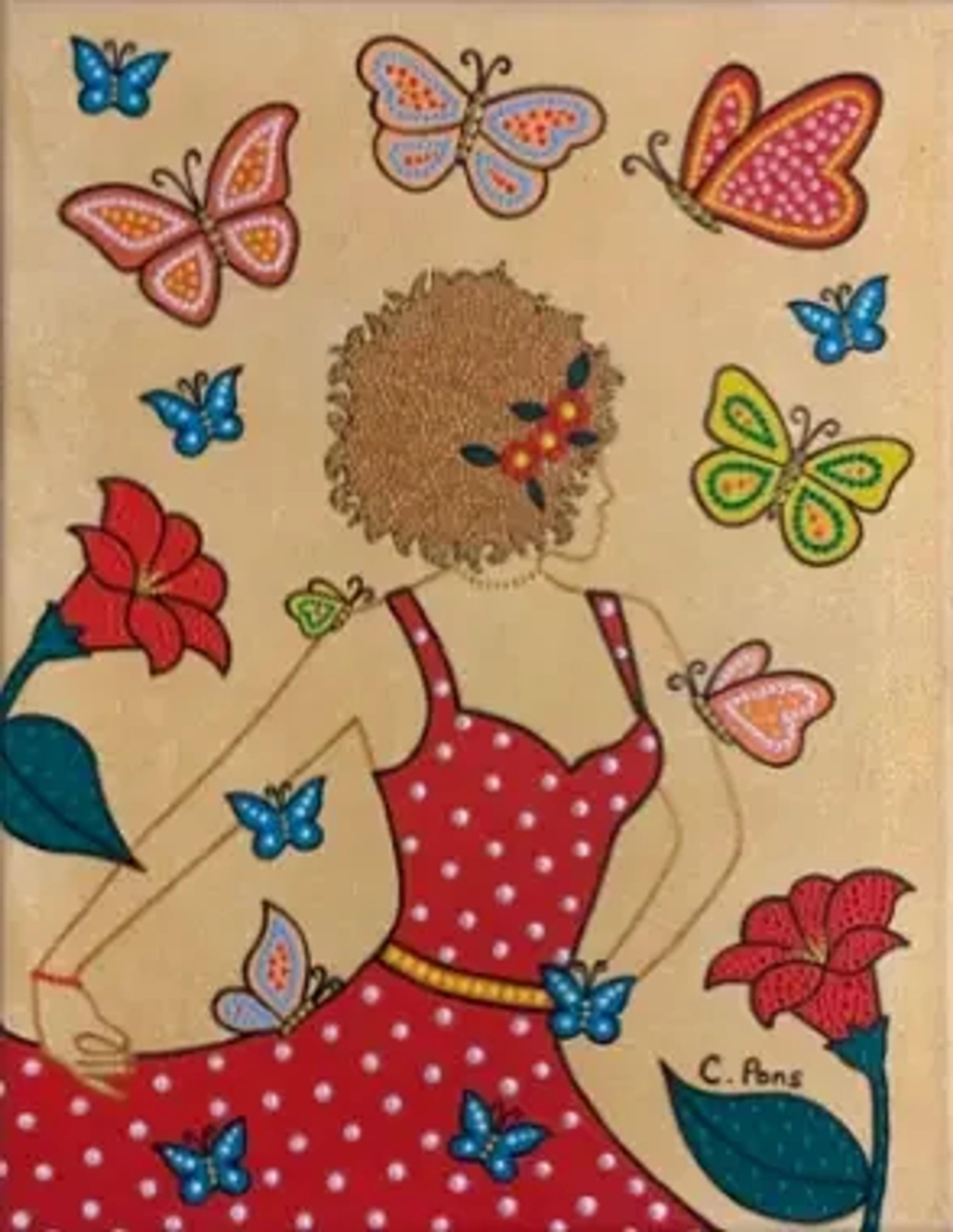 Toile vibrante de Caroline Pons, femme en robe rouge à pois entourée de papillons et fleurs colorés. Cet art aborigène contemporain utilise une technique pointilliste joyeuse et détaillée.