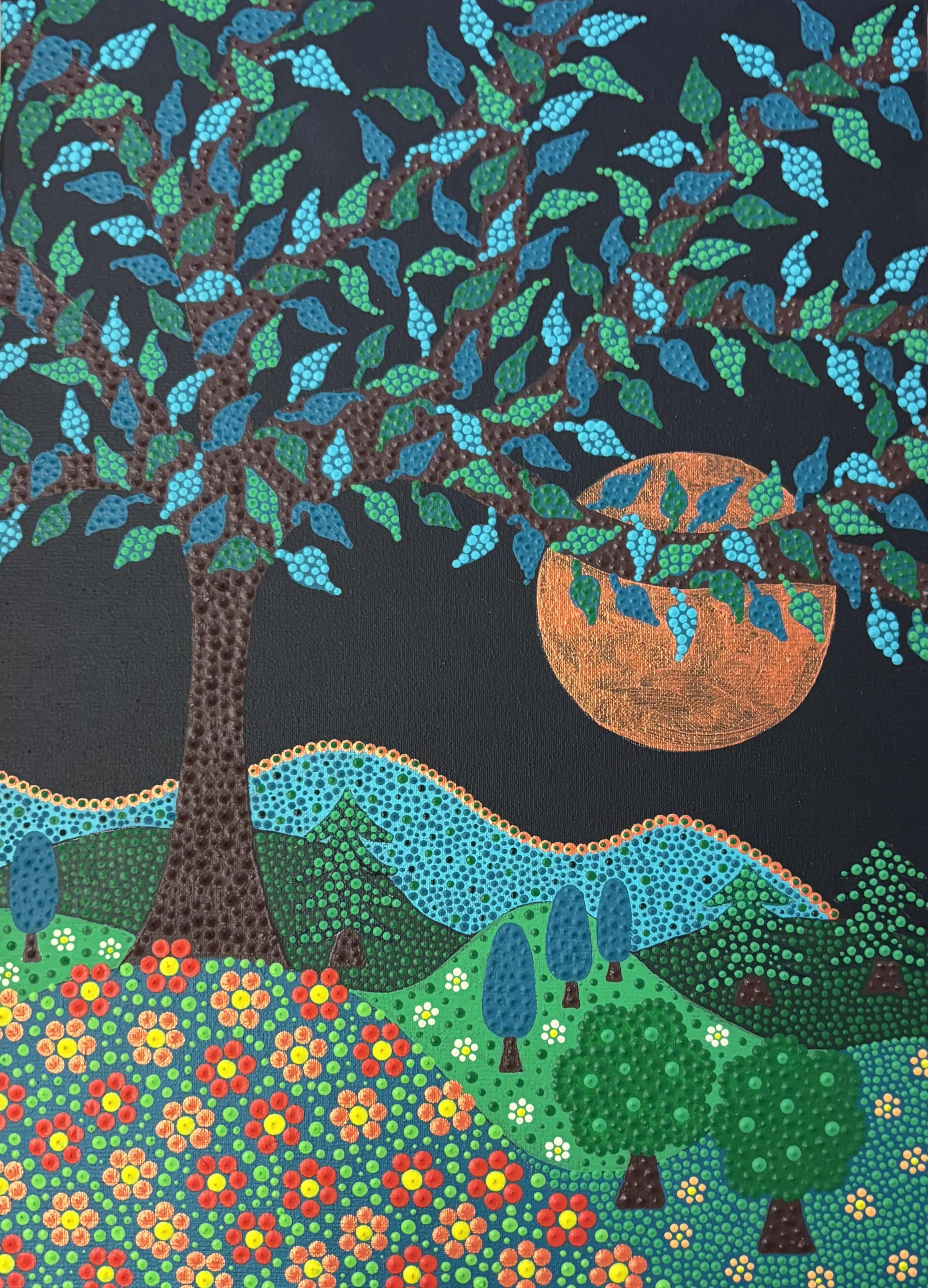 Caroline Pons: 'Sous la lune cuivrée', toile acrylique unique. Paysage nocturne en points vifs: arbre vert/bleu, lune cuivrée, collines et fleurs colorées.