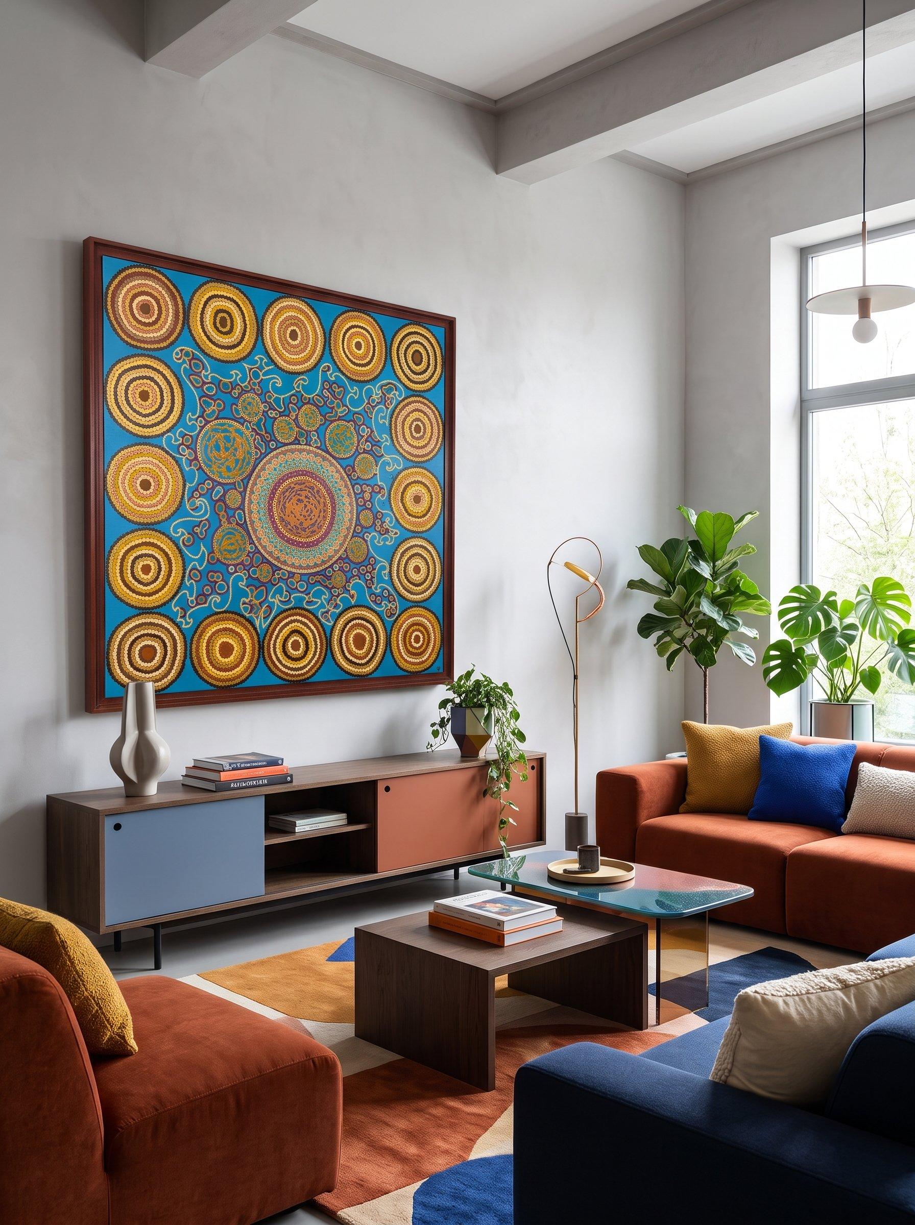 Caroline Pons, "La danse des Mondes", tableau abstrait contemporain. Peinture aux points fond bleu turquoise, cercles dorés et mandala, dans sa caisse américaine marron, en salon.