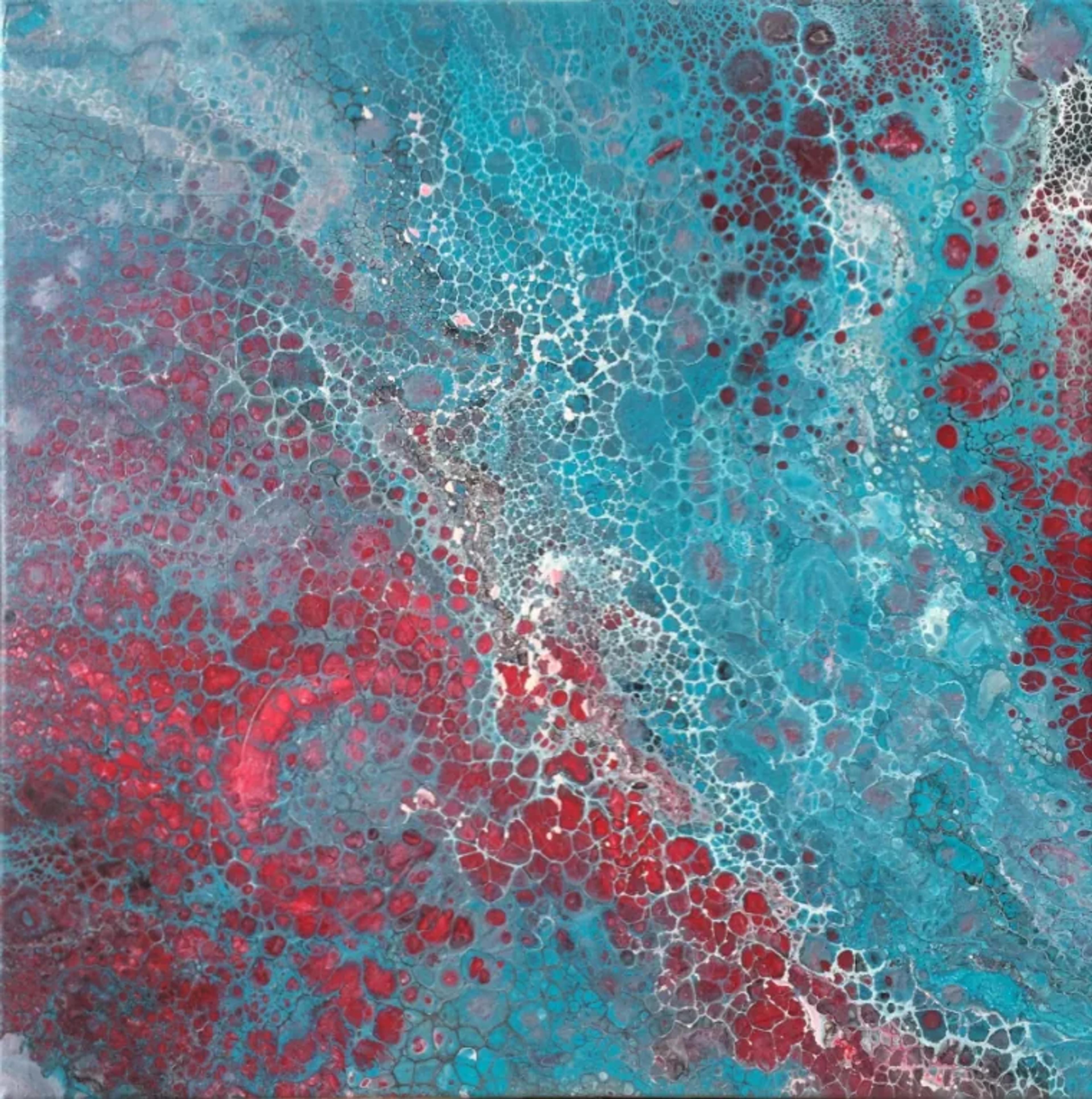 Tableau abstrait contemporain de Caroline Pons, "Cellules d'un rêve", en rouge cramoisi et turquoise. Des formes cellulaires fluides créent une texture complexe, une ambiance onirique rappelant l'art aborigène par ses points.