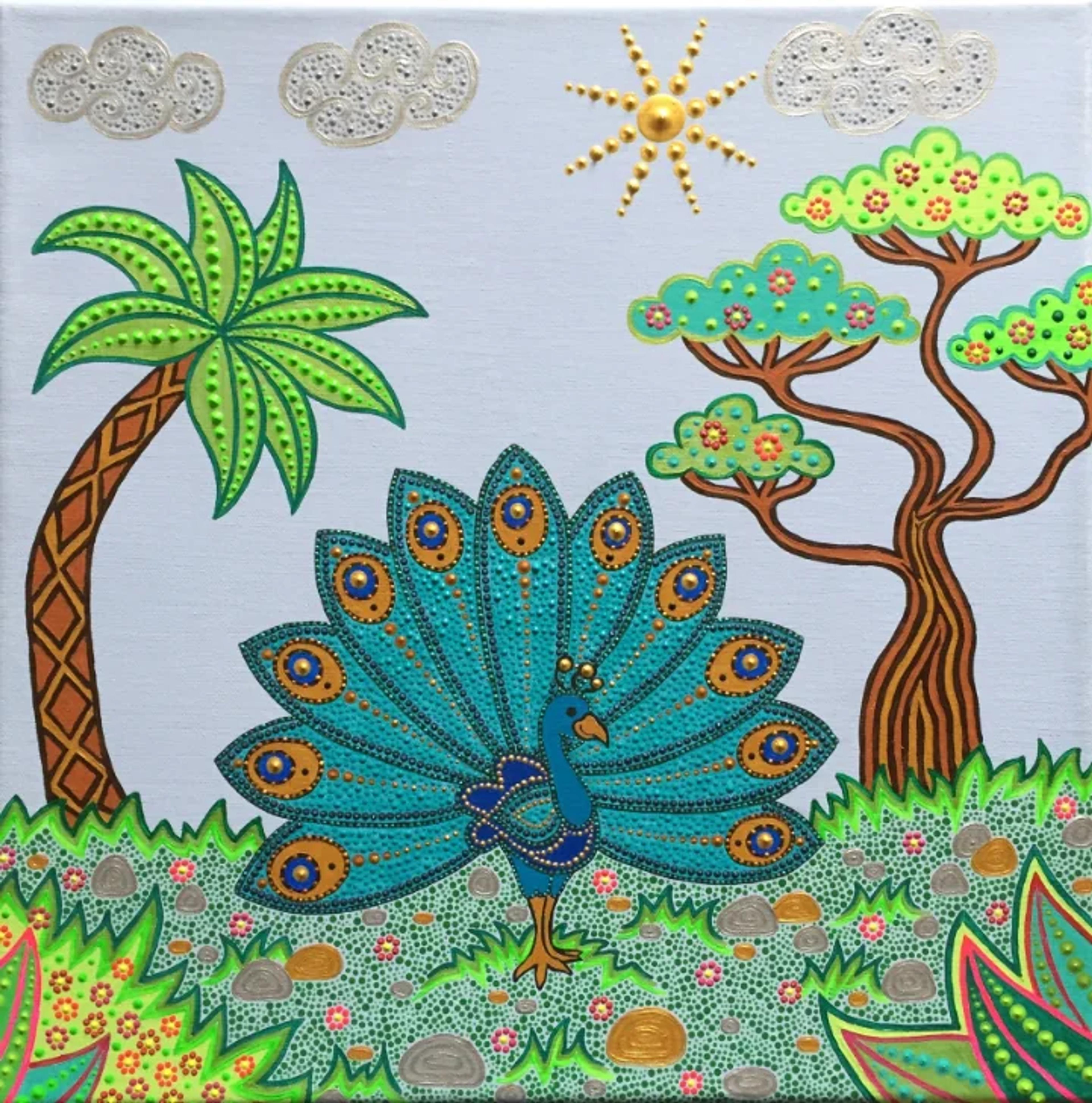 Peinture "Paon Anna" de Caroline Pons. Art aborigène contemporain vibrant d'un paon aux plumes turquoise et or dans un paysage tropical stylisé pointilliste.