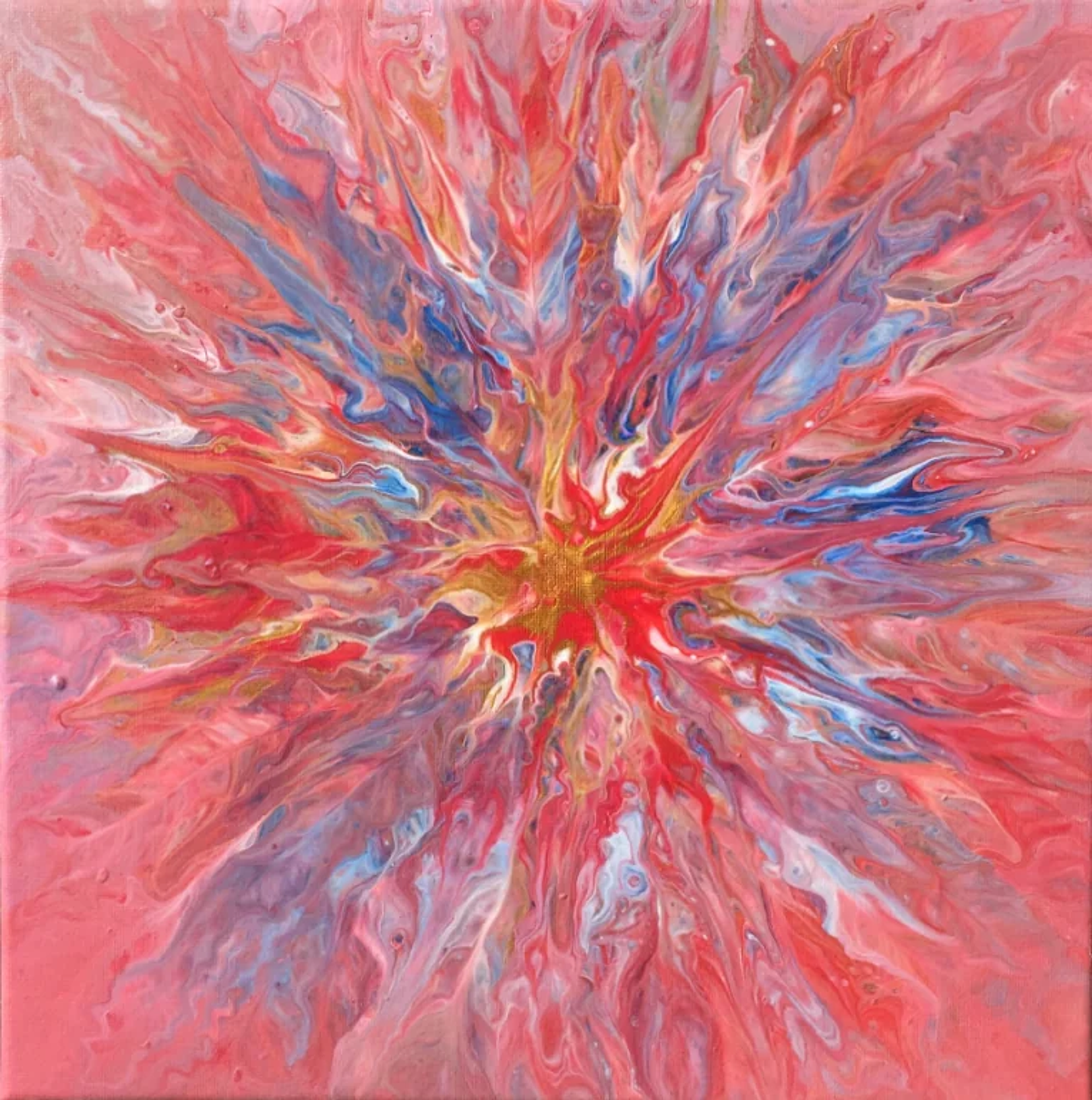Tableau abstrait contemporain de Caroline Pons, utilisant l'acrylique fluide. Explosion vibrante de rouge, rose, or et bleu, créant une ambiance florale et dynamique, avec des formes organiques rayonnantes.
