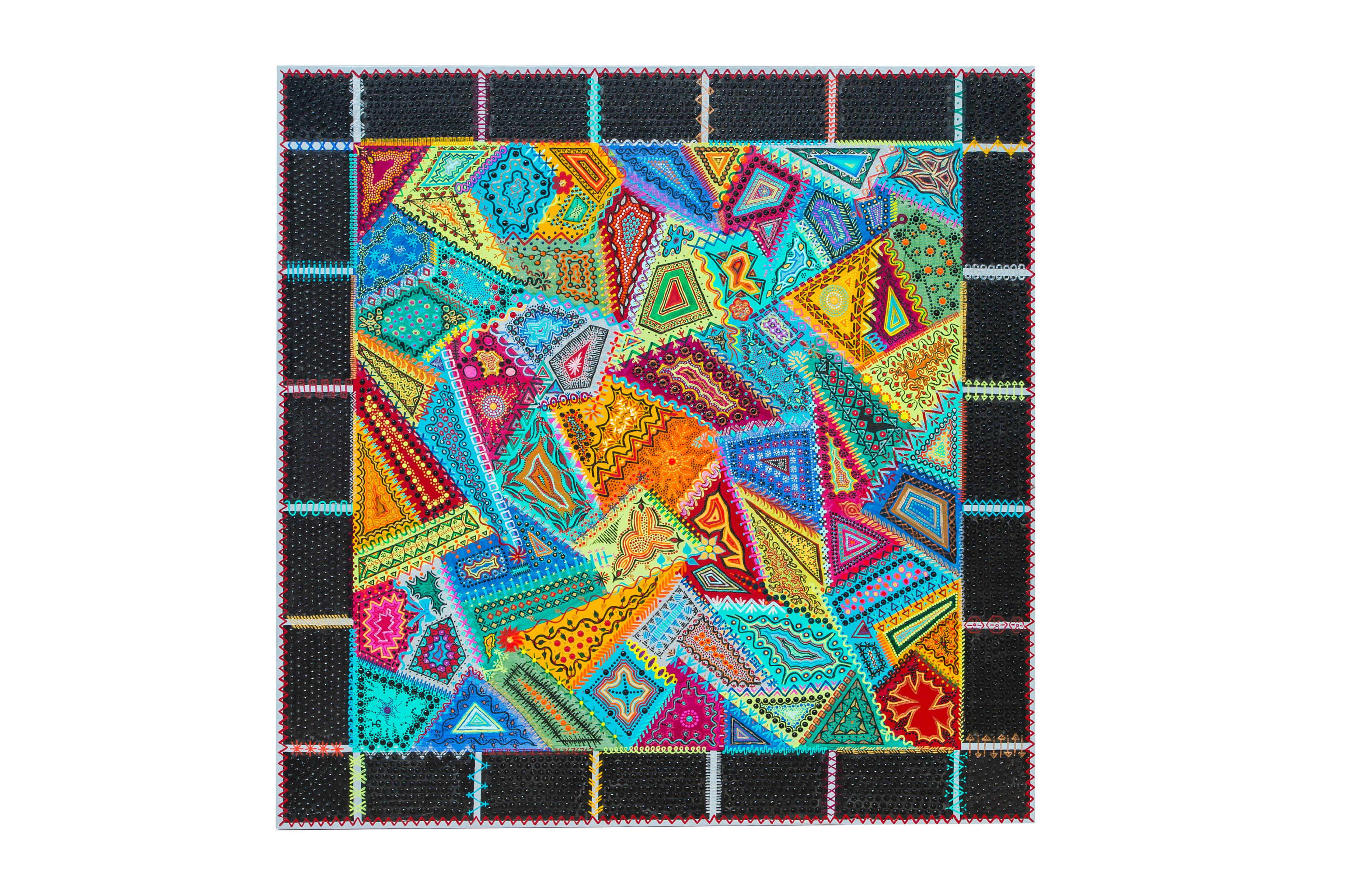 Caroline Pons, œuvre originale : mosaïque vibrante en dot art. Des formes géométriques éclatantes (bleu, jaune, rose) aux motifs de points complexes sur fond noir texturé. Ambiance énergique.