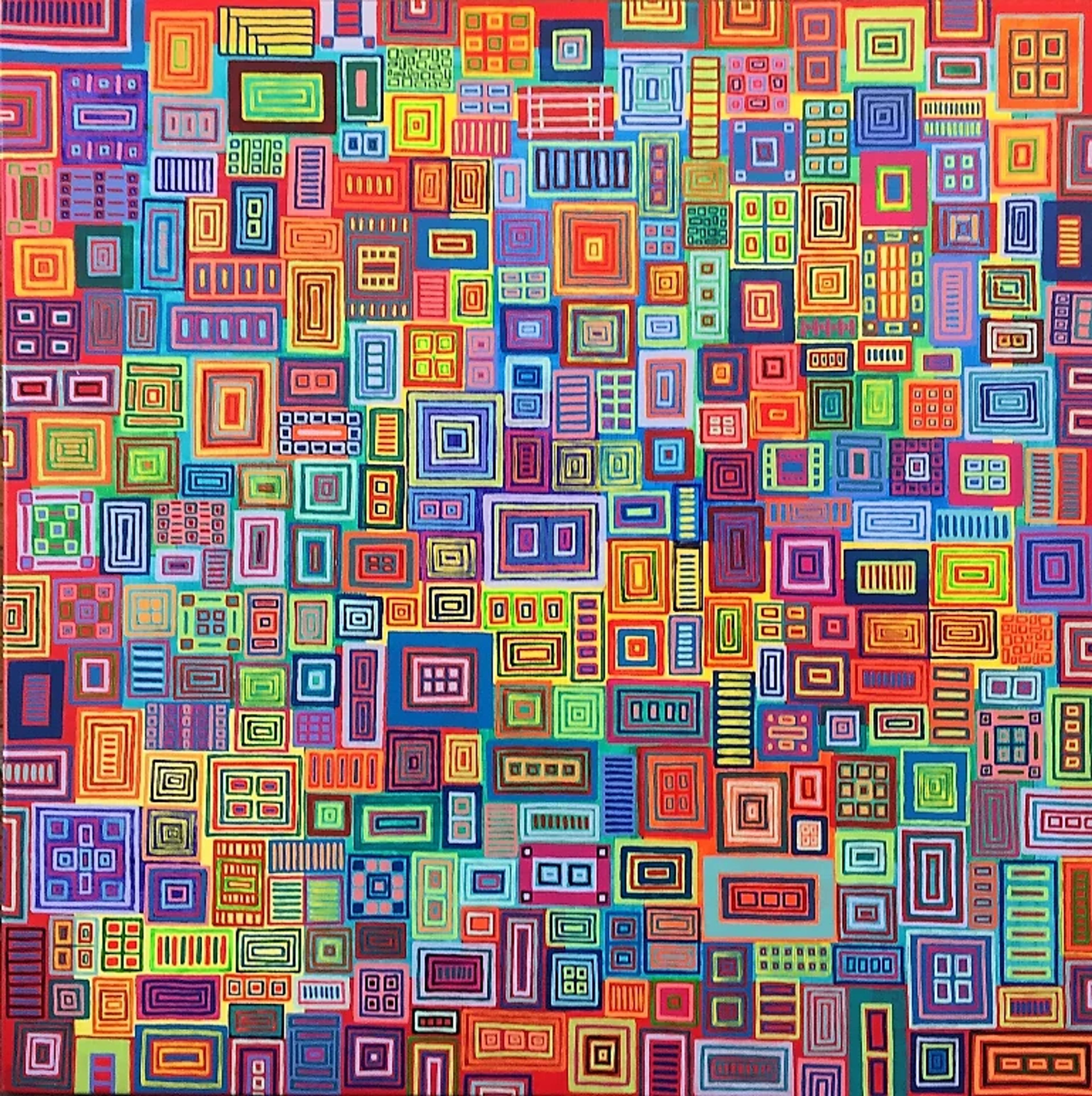 Vue directe de "Mégalopole" par Caroline Pons, un tableau abstrait contemporain vibrant. Il présente des milliers de rectangles et carrés concentriques aux motifs pointillistes multicolores.