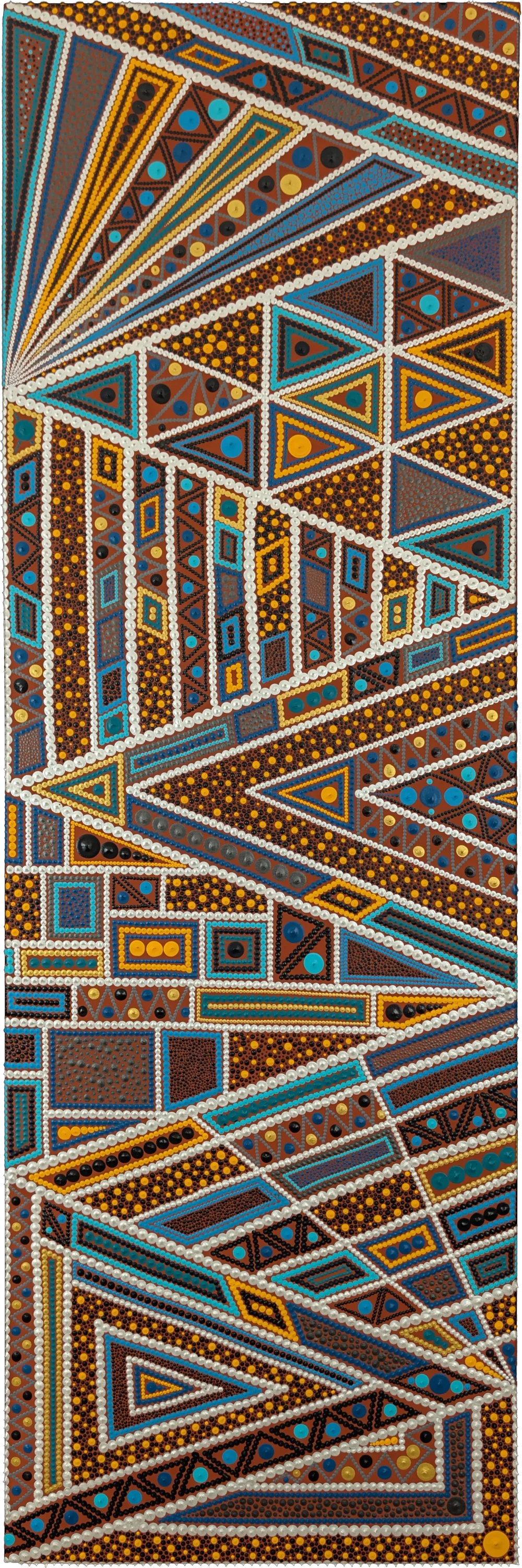 Toile acrylique "Perspectives croisées" de Caroline Pons. Dot art géométrique vibrant: triangles, zigzags en brun, turquoise, jaune et blanc.