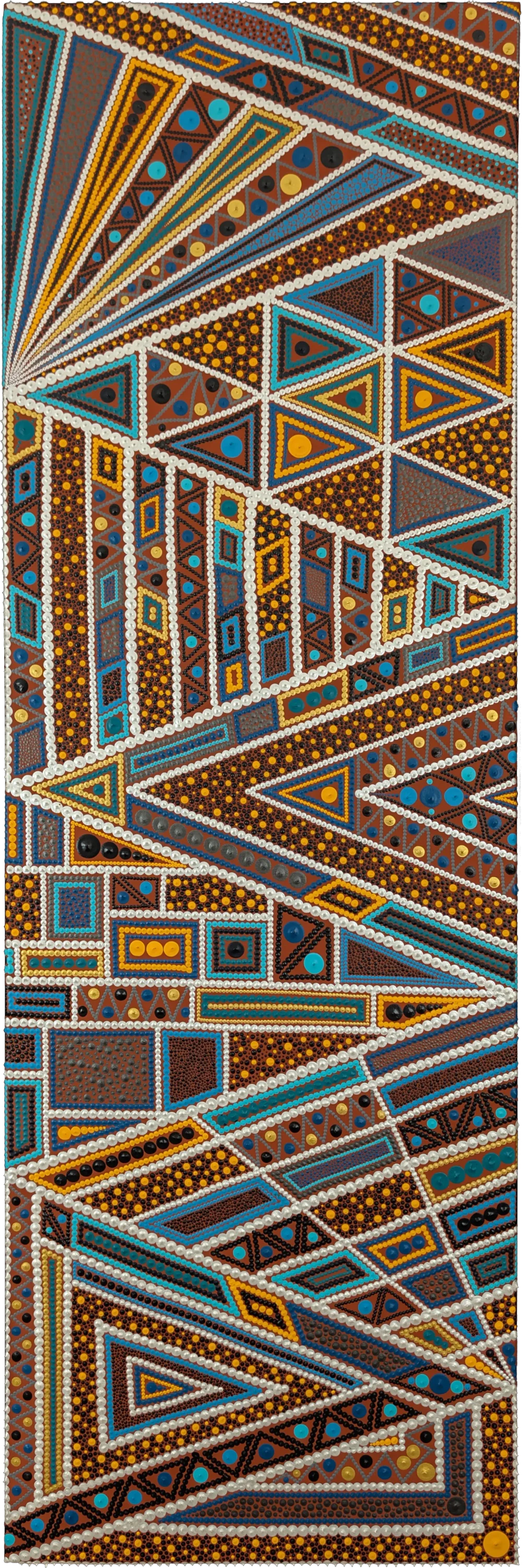 Toile acrylique "Perspectives croisées" de Caroline Pons. Dot art géométrique vibrant: triangles, zigzags en brun, turquoise, jaune et blanc.