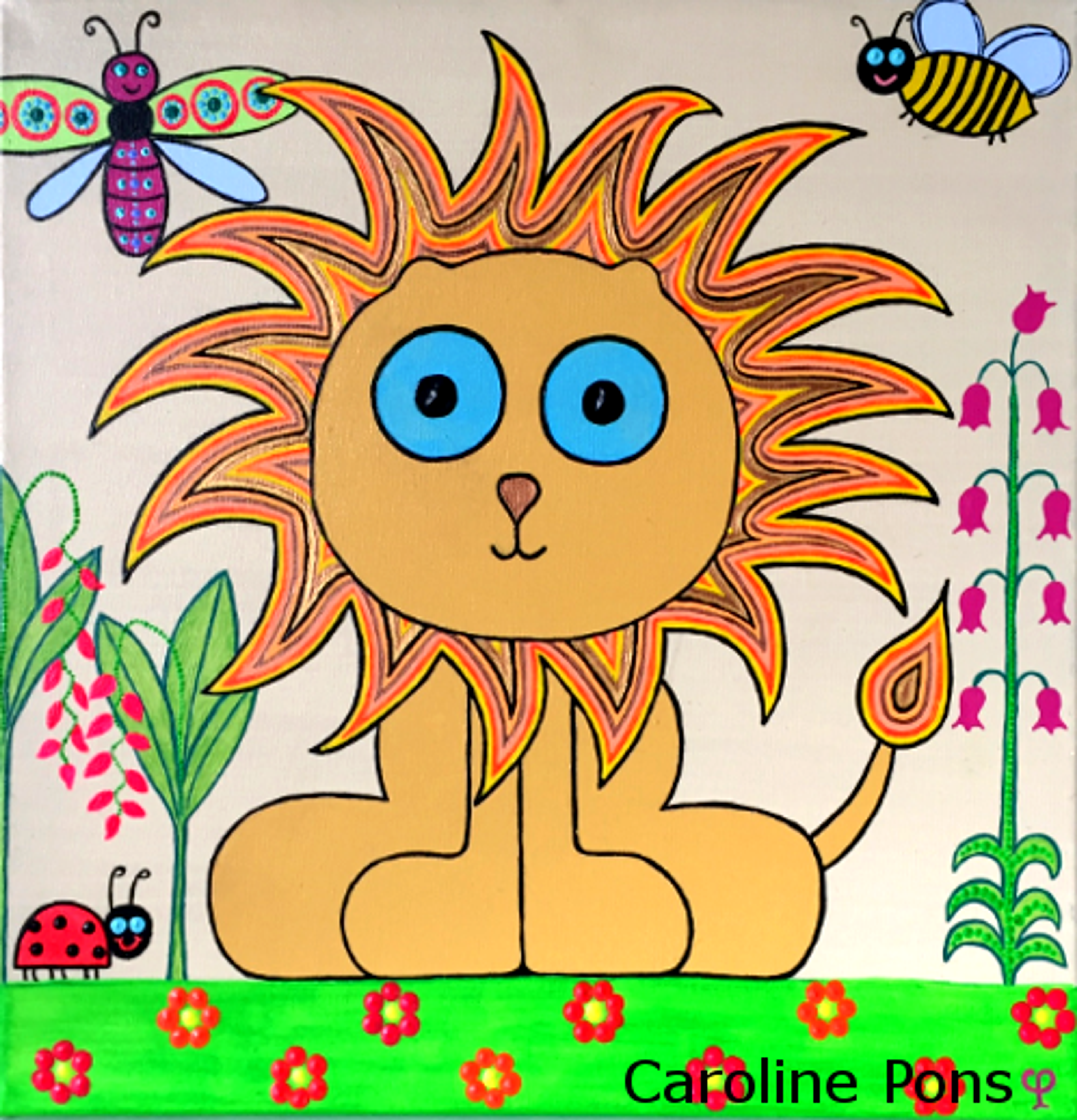 « Lion Elie », œuvre originale de Caroline Pons. Lion beige aux yeux bleus, crinière orange-jaune-rose pointilliste. Ambiance joyeuse et couleurs vives avec insectes, fleurs et formes rondes stylisées.