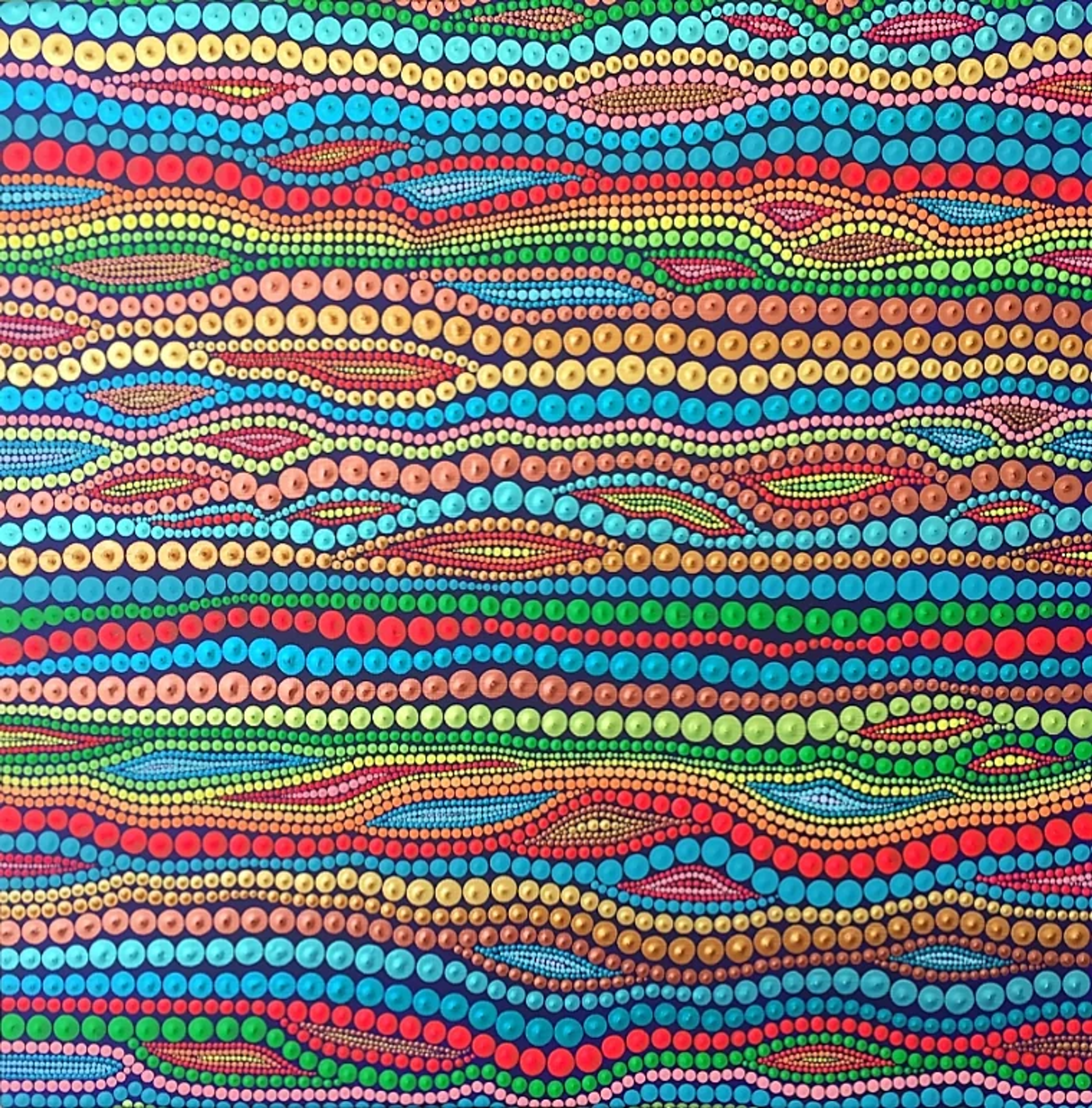 Modern abstract painting by Caroline Pons, "Vagues multicolores sur fond bleu", featuring vibrant dot art patterns in red, yellow, green, blue on dark blue.