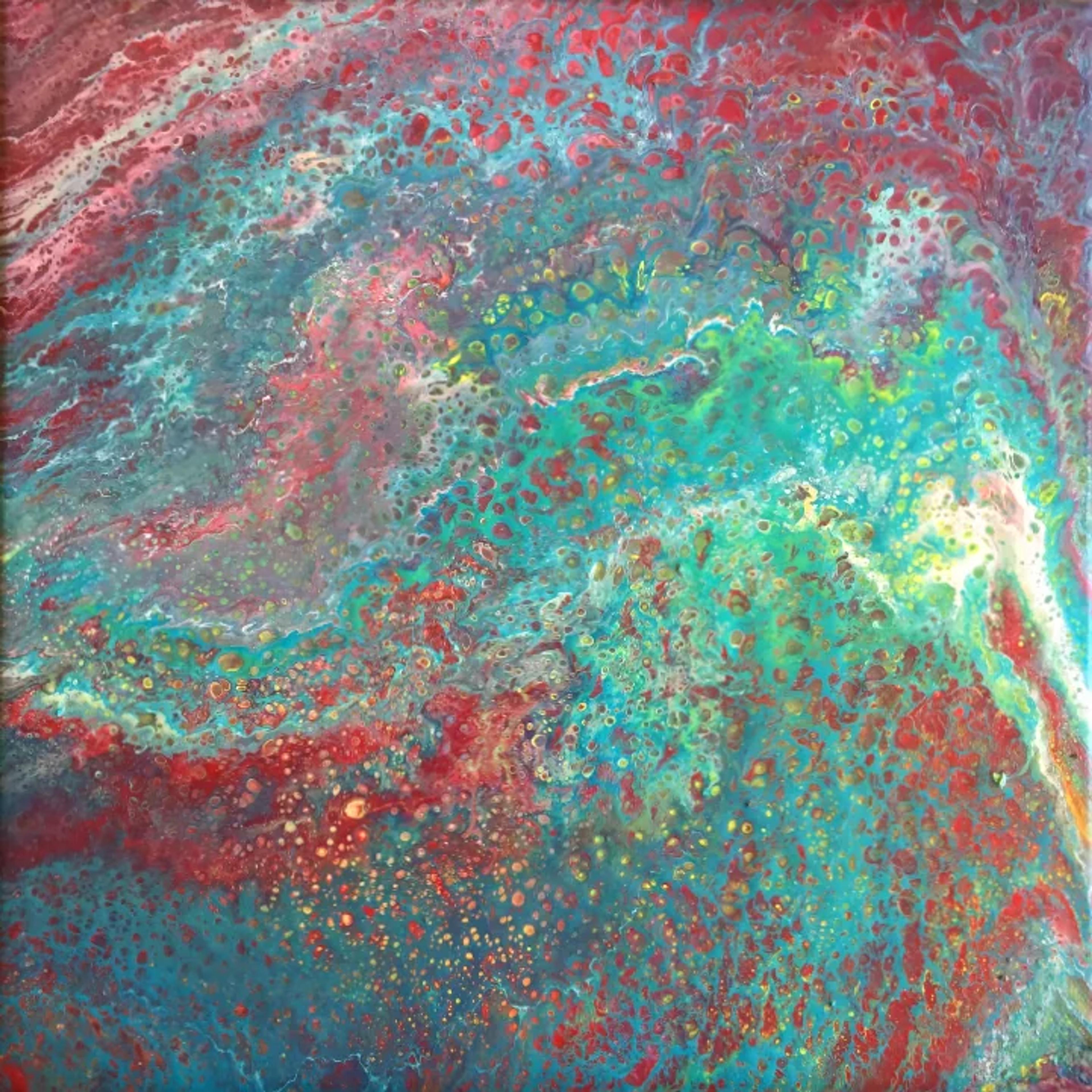 Tableau abstrait contemporain de Caroline Pons. Coulée acrylique vive bleu turquoise, rouge et vert avec des milliers de petites cellules et points, créant une ambiance dynamique et organique.