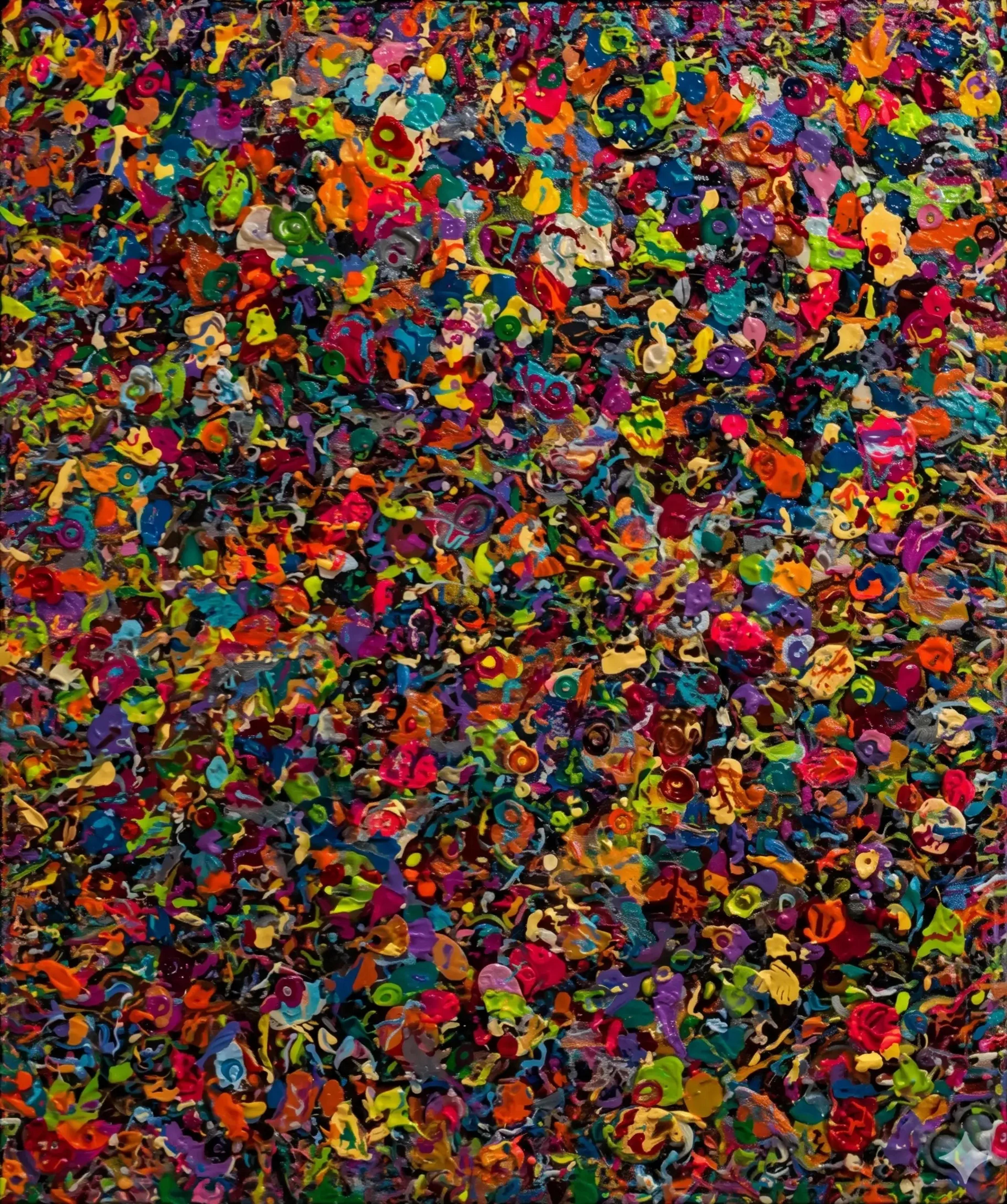Tableau abstrait contemporain de Caroline Pons. Une explosion de couleurs vives (fuchsia, orange, vert, bleu, violet) avec points en relief et formes organiques créant une ambiance joyeuse.