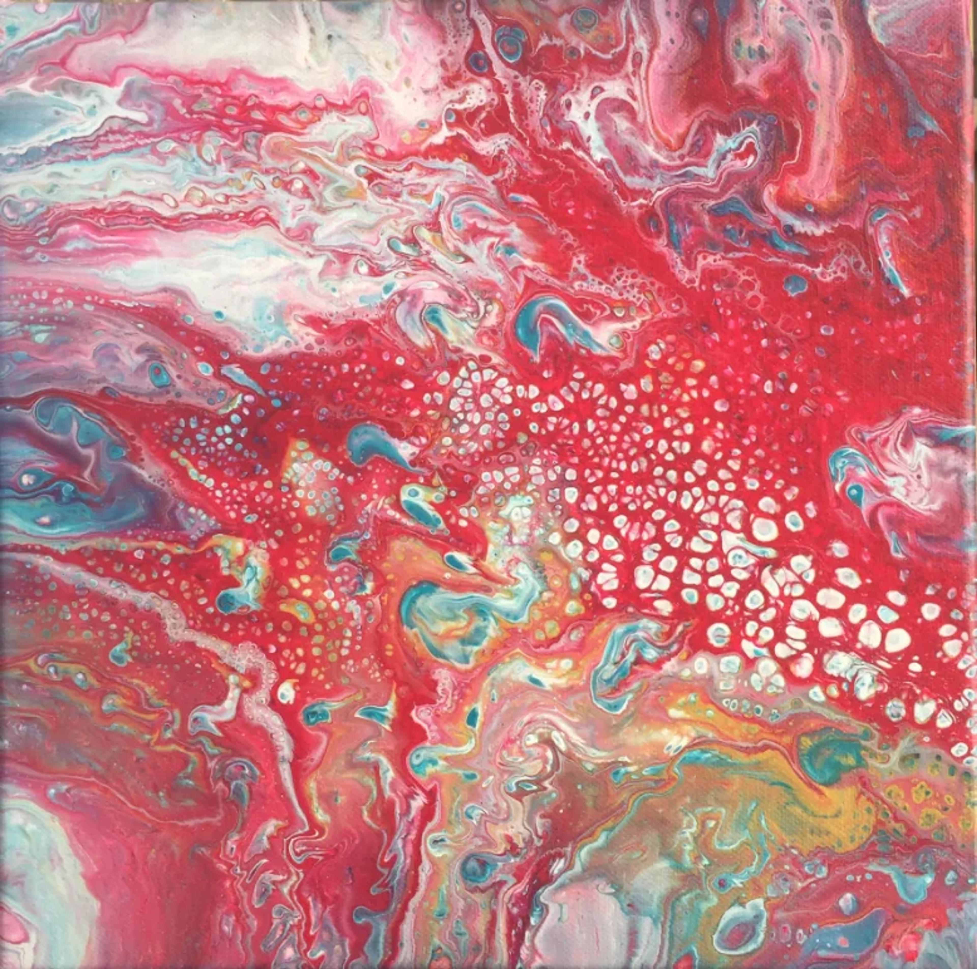 Tableau abstrait contemporain de Caroline Pons. Œuvre fluide rouge, blanc et turquoise, motifs cellulaires et points abstraits issus de l'acrylic pouring.