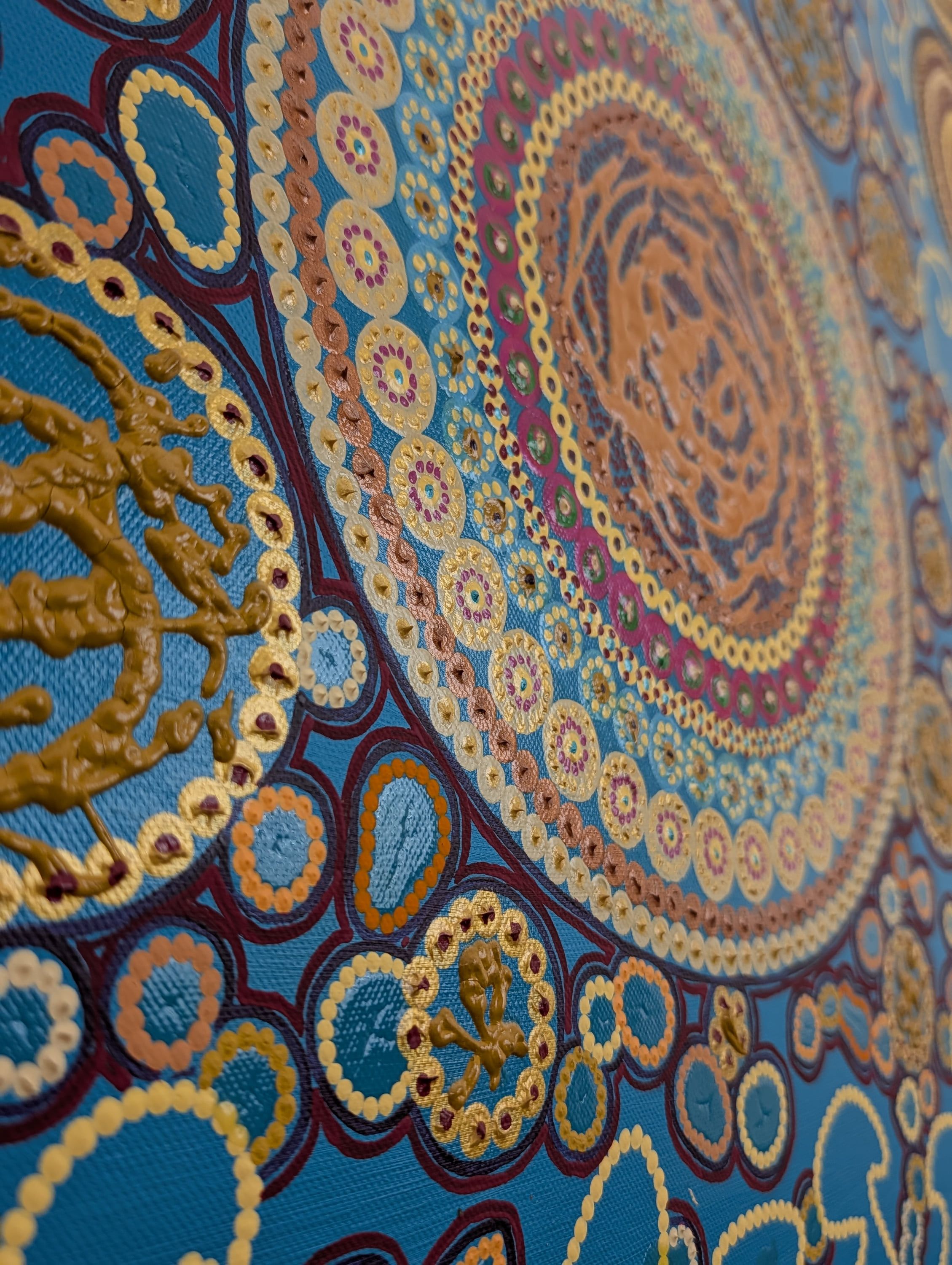 Textured detail of Caroline Pons' 'Where do I live' artwork, showcasing contemporary fine art dot painting. Intricate gold, blue, orange & fuchsia patterns on acrylic canvas.