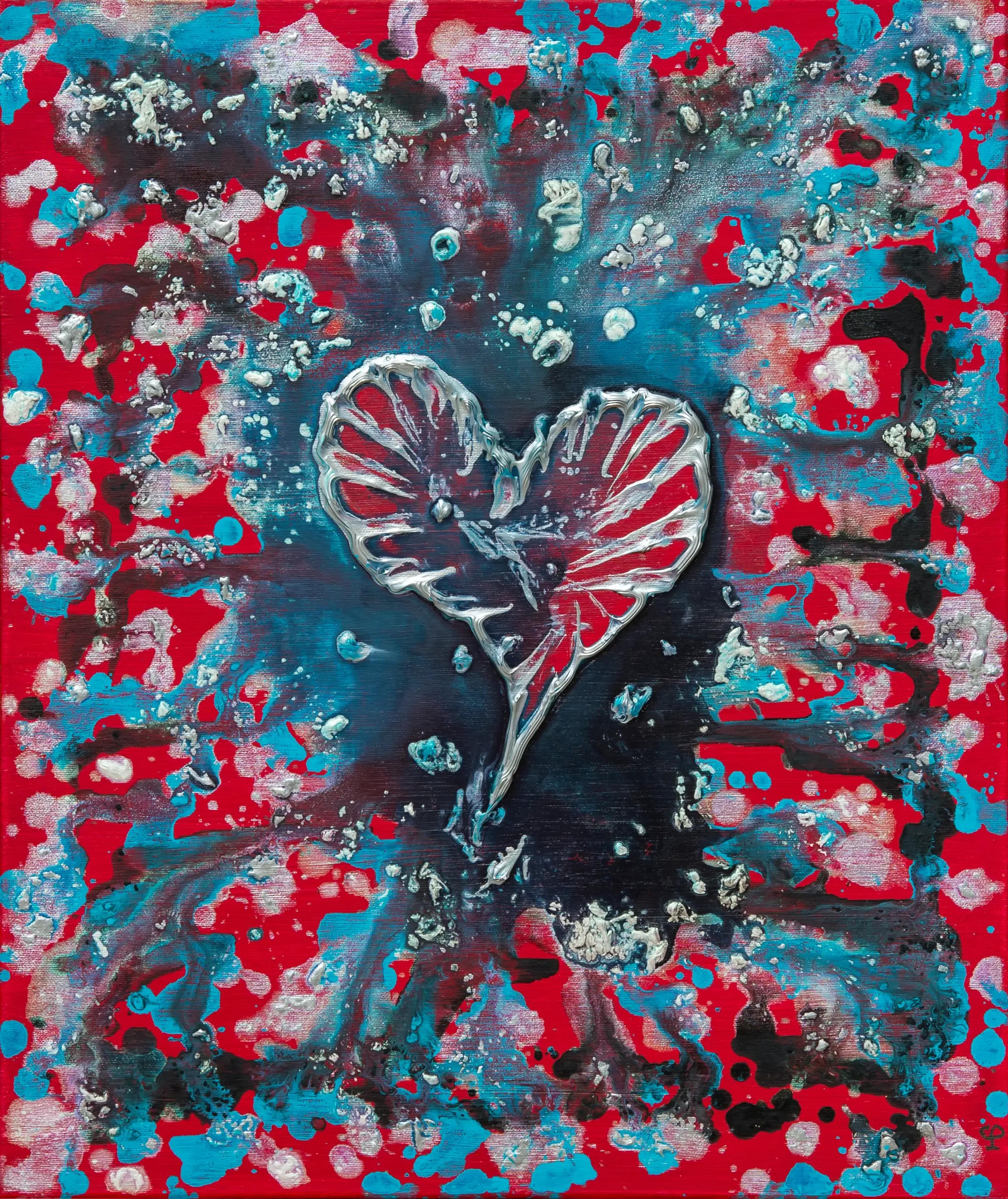 « Lonely heart » de Caroline Pons, tableau abstrait contemporain. Un cœur argenté-rouge au centre d'une explosion de points et éclaboussures vives : rouge, turquoise, argent et noir, ambiance dynamique et texturée.