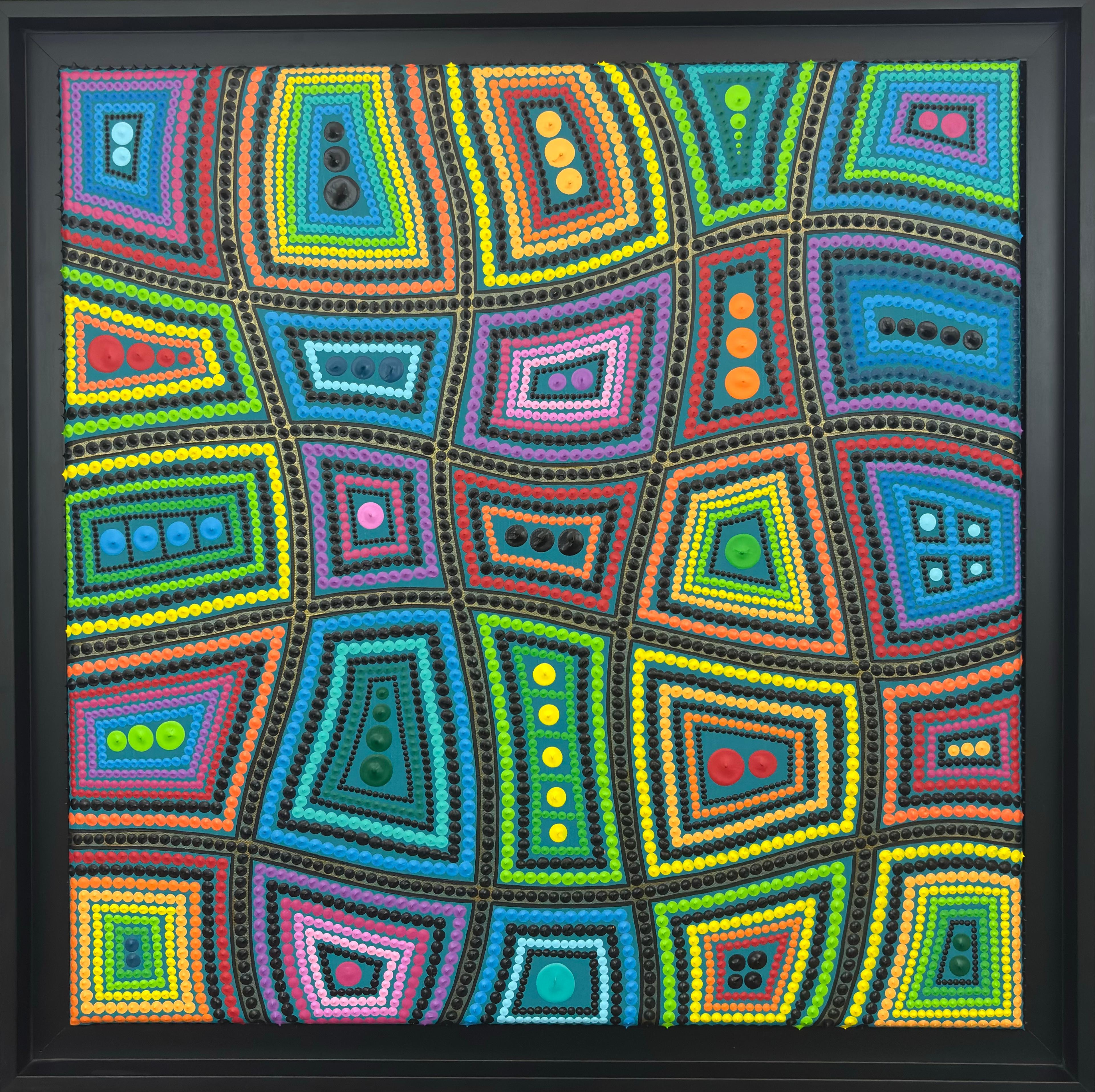 Modern abstract painting by Caroline Pons: Vibrant mosaic of geometric and curvilinear shapes, featuring thousands of colorful raised dots and black textures on a teal canvas.