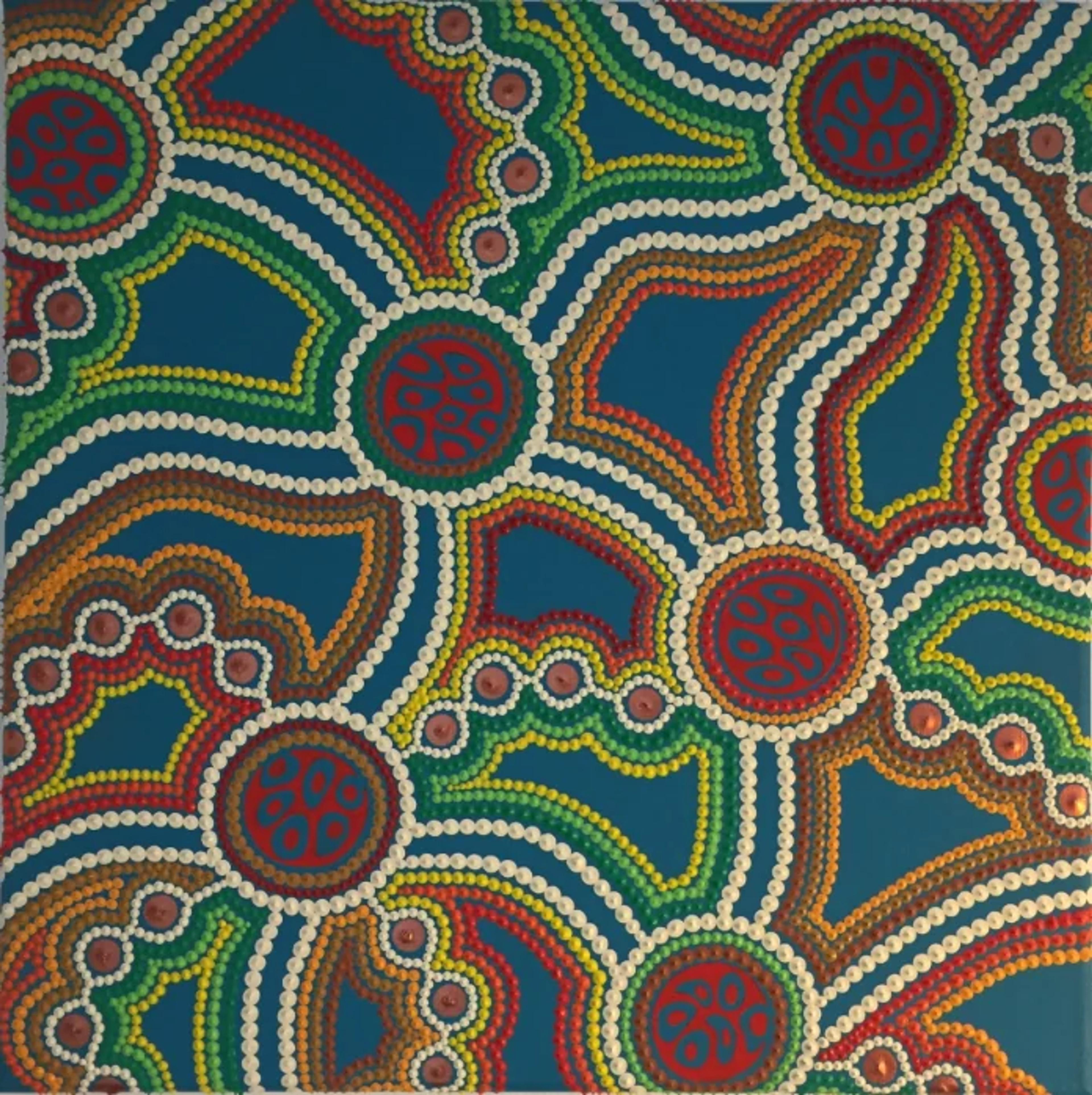 Toile "Carte des rêves" de Caroline Pons. Art aborigène contemporain avec motifs de points colorés (rouge, vert, jaune, blanc) sur fond bleu.