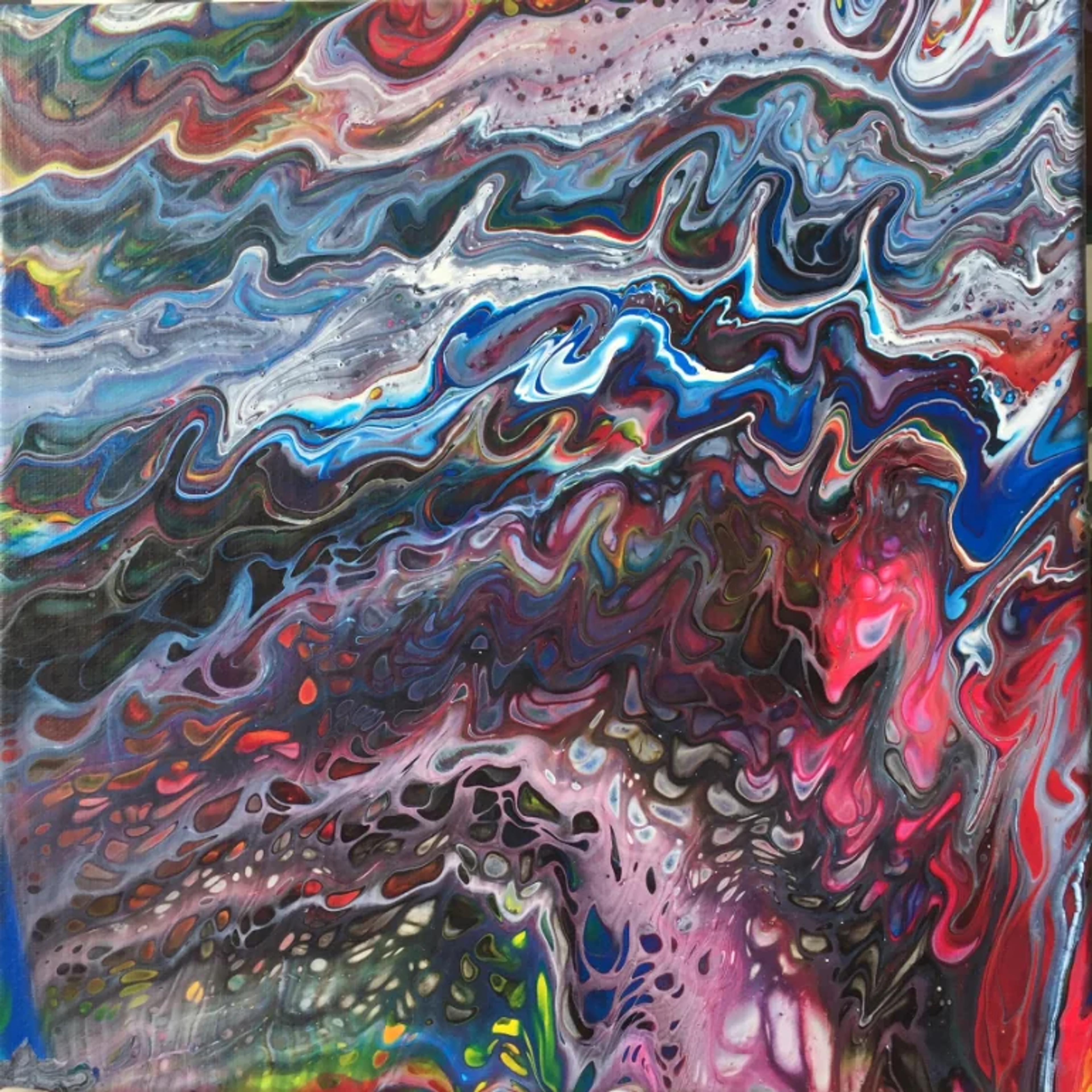 Tableau abstrait contemporain de Caroline Pons: vagues fluides bleues, rouges et autres couleurs vives. Motifs de cellules et points, créant une ambiance dynamique et moderne.