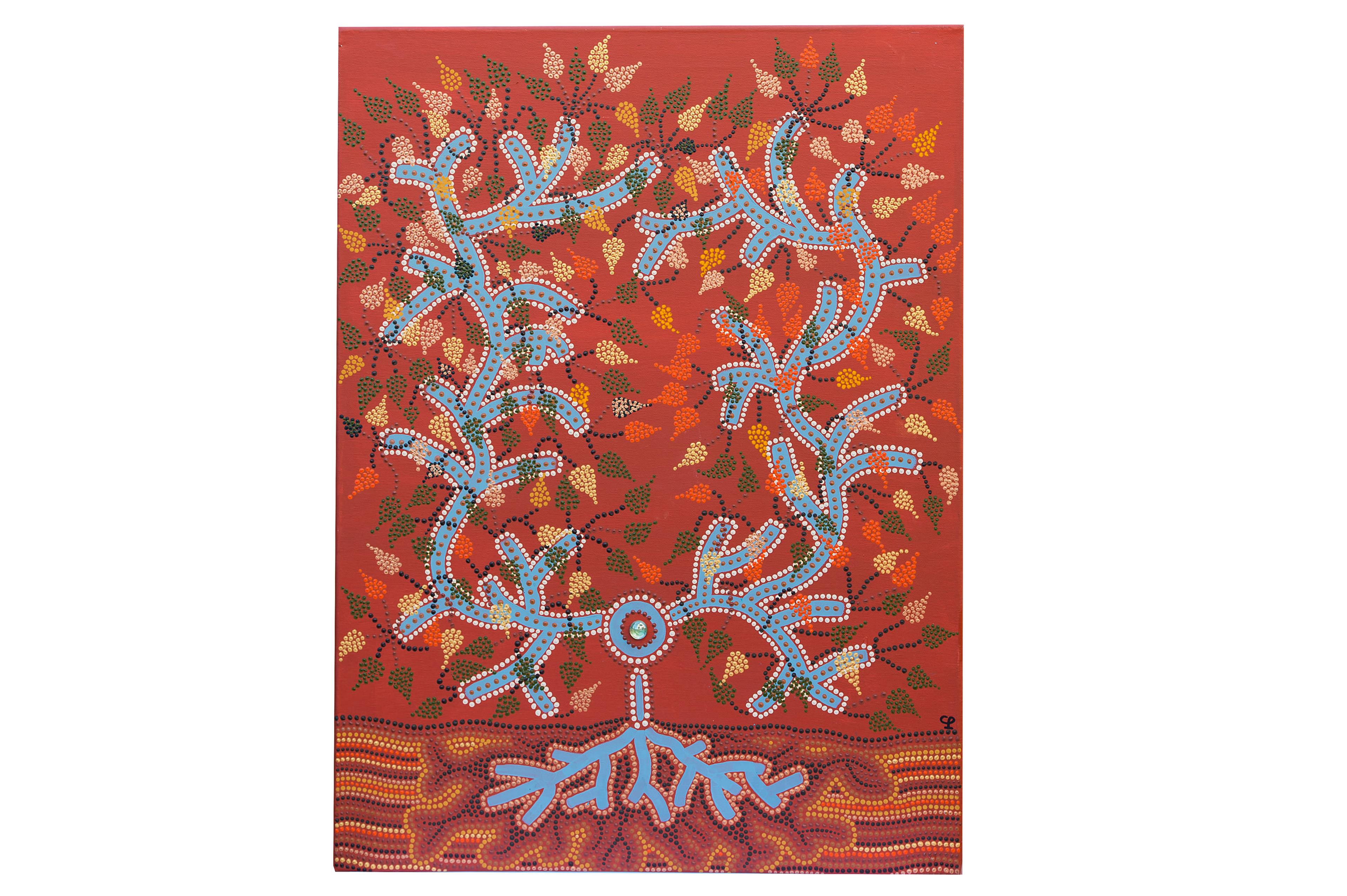 L'arbre de Caroline Pons, art aborigène contemporain. Toile terracotta avec des points bleus, verts et ocres formant un arbre stylisé et ses racines.