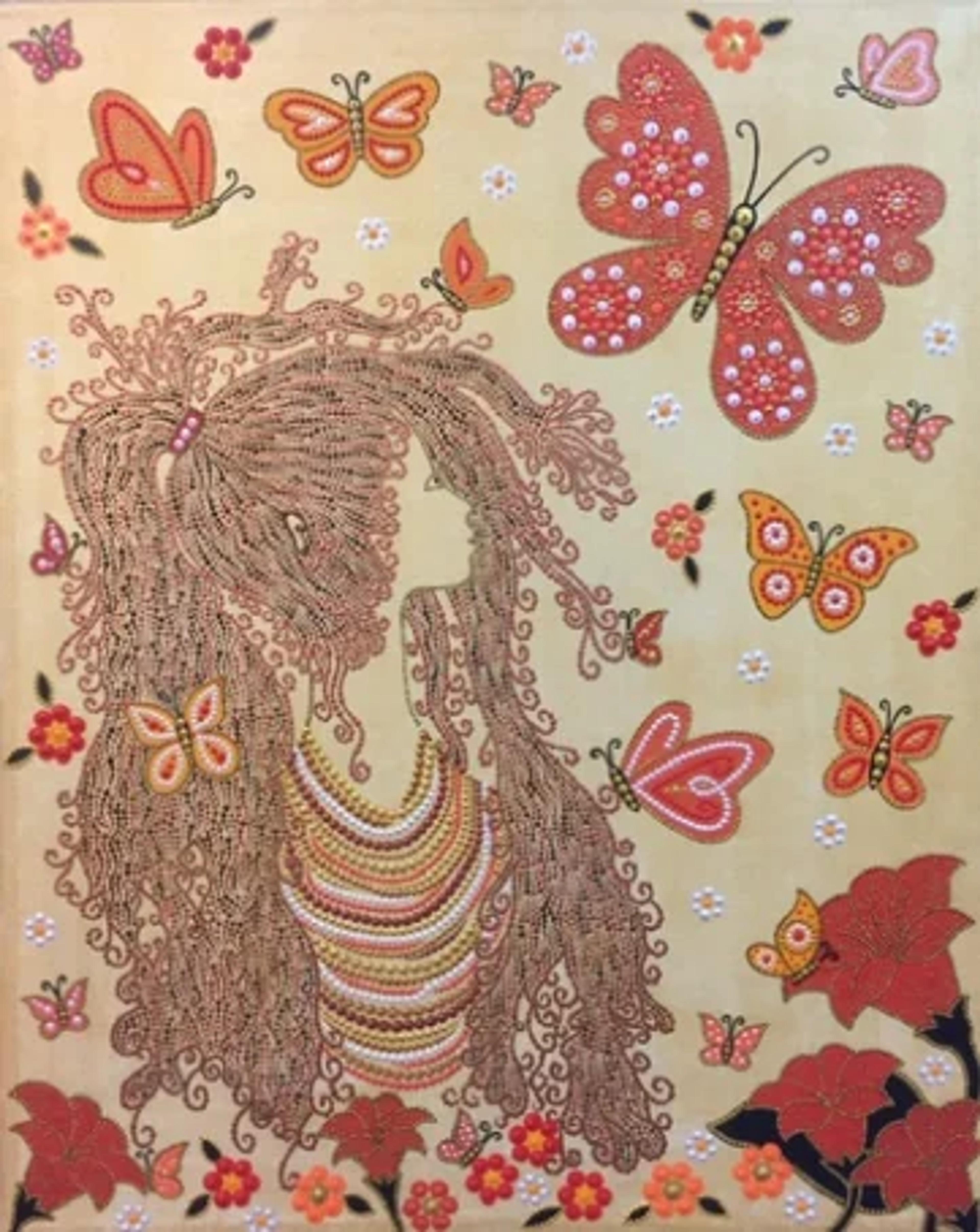 Peinture moderne de Caroline Pons, "Amoureuse". Toile dot art figuratif d'une muse aux papillons, teintes chaudes (orange, rouge, marron) et texture de points sur fond beige.