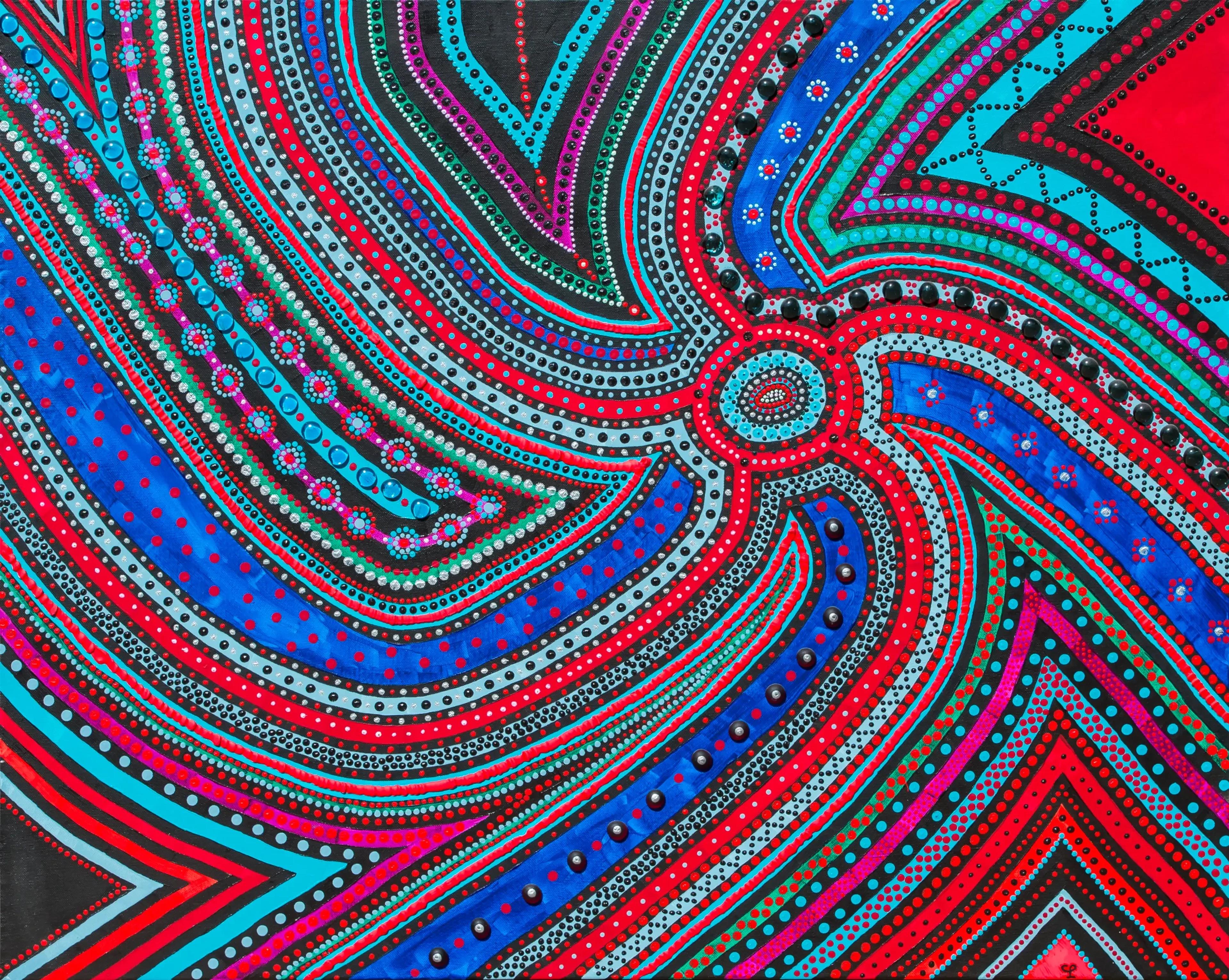 Caroline Pons. Tableau abstrait contemporain "L'Œil du cyclone". Pointillisme vibrant de rouges, bleus, turquoise, magenta. Formes concentriques et ondulantes, perles 3D, ambiance hypnotique.