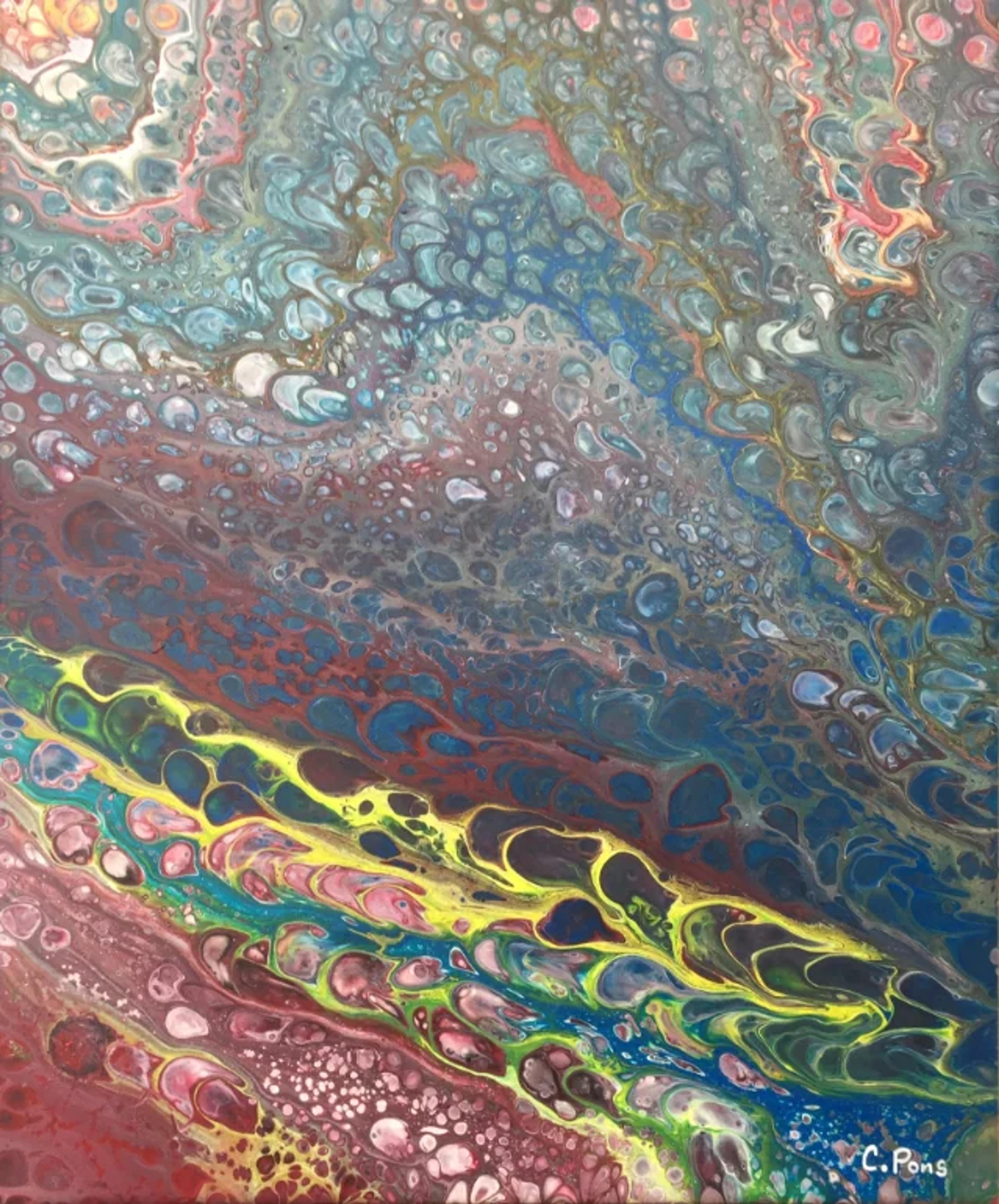 Toile acrylique abstraite par Caroline Pons, présentant une peinture fluide de cellules vibrantes et motifs organiques. Couleurs vives de bleu, vert, rouge et jaune.